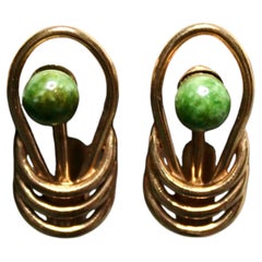 Two-Piece Jade & 14k Gold Plated Swirl Earrings circa Mid-Century