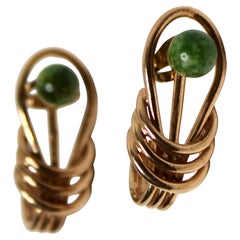 Two-Piece Jade & 14k Gold Plated Swirl Earrings circa Mid-Century
