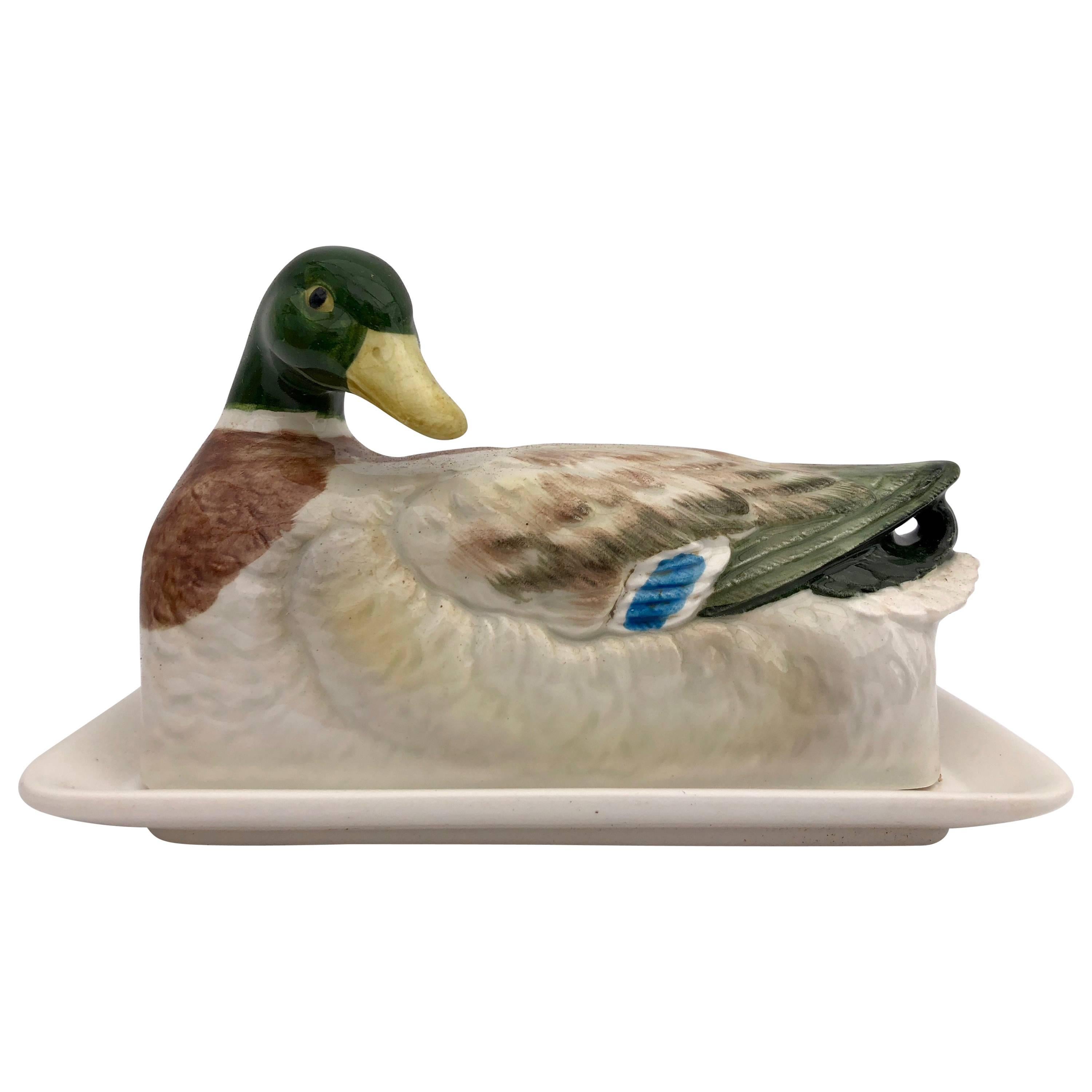 Two-Piece Mallard Ceramic Butter Dish and Plate Handcrafted by Otagiri, Japan For Sale