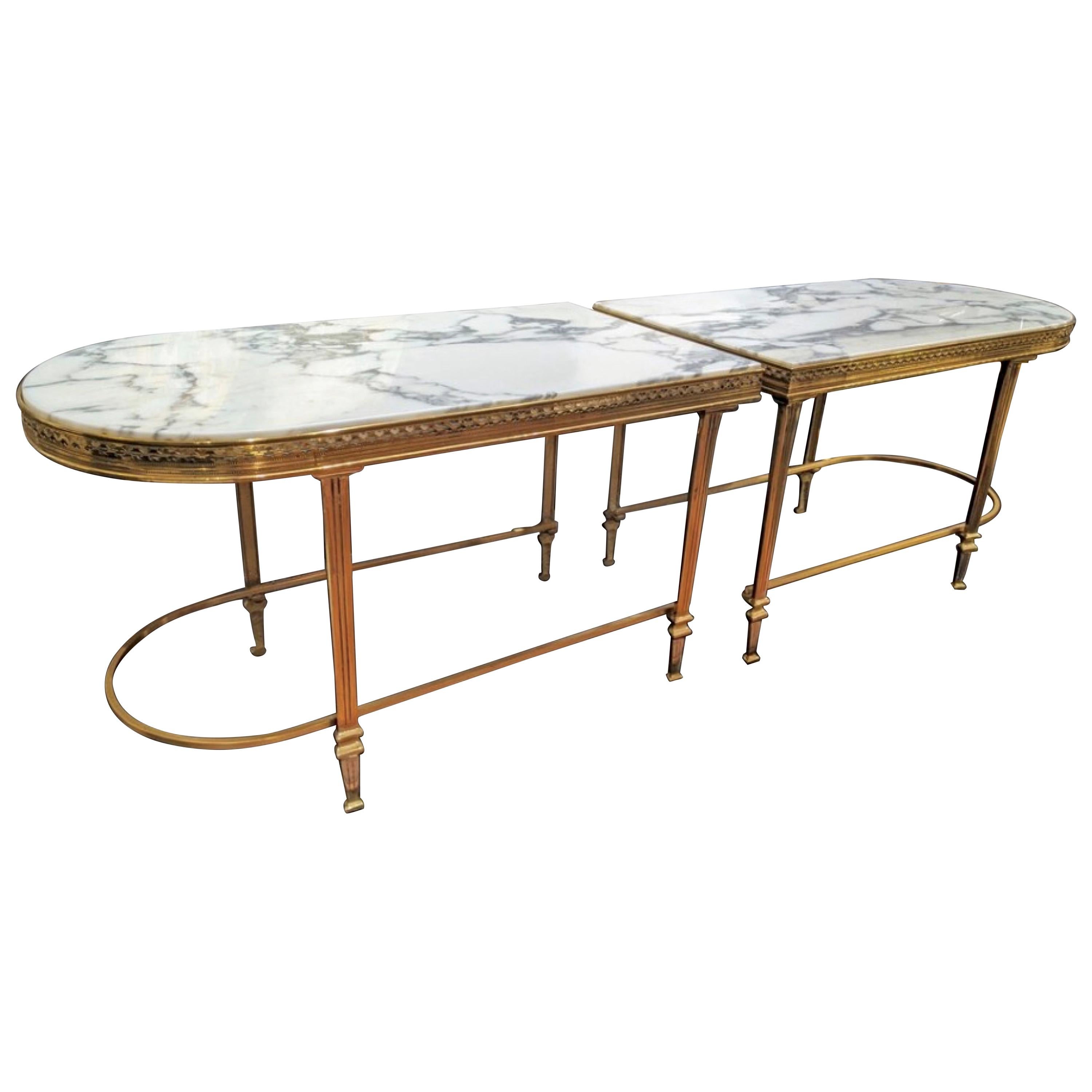 Two-Piece Marble and Brass Coffee Table or Pair of Side Tables