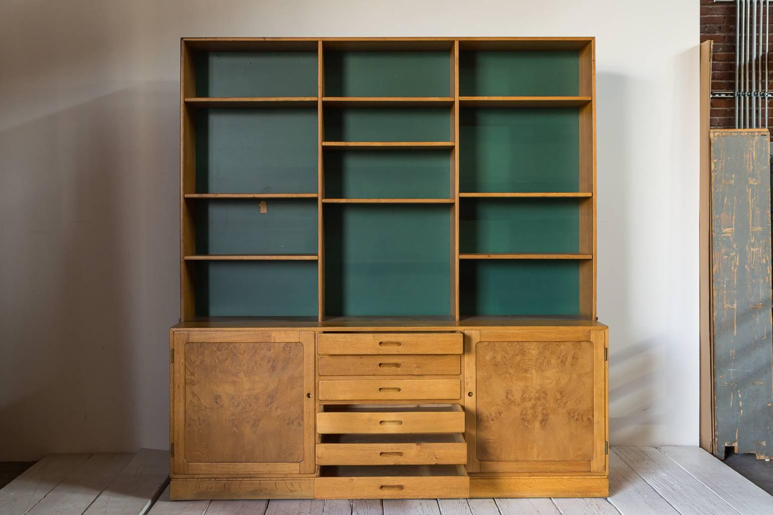 Two-Piece Midcentury Oak Cabinet with Green Painted Back Wall In Excellent Condition In Los Angeles, CA