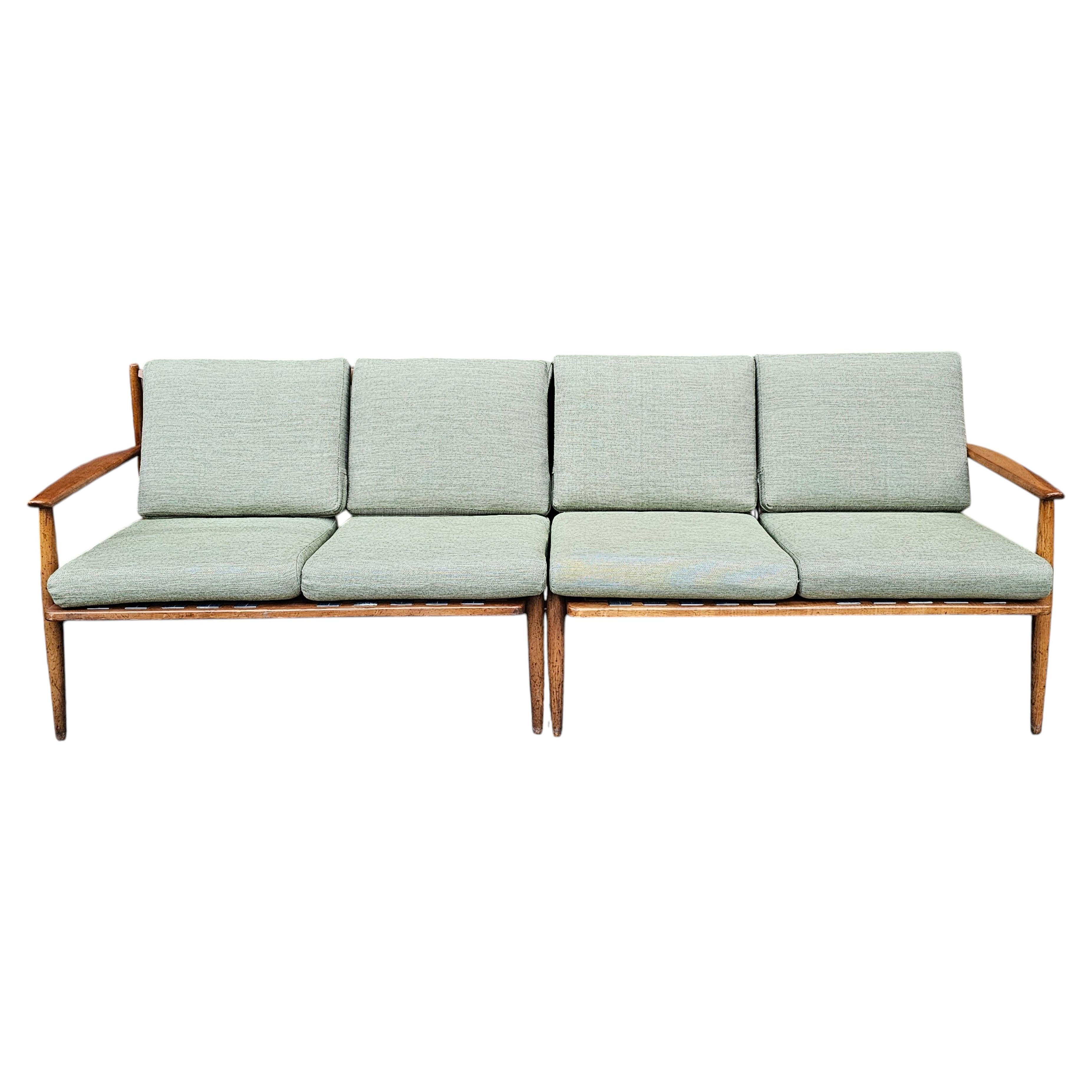 Two-Piece Mid-Century Teak Sofa with New Sage Green Upholstery