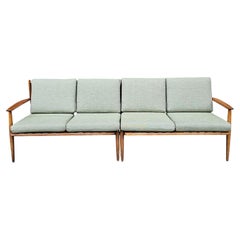 Two-Piece Mid-Century Teak Sofa with New Sage Green Upholstery