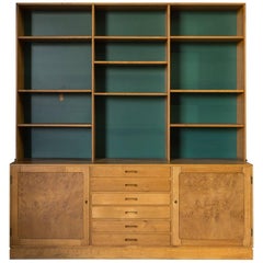 Two-Piece Midcentury Oak Cabinet with Green Painted Back Wall