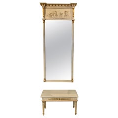 Two Piece Neoclassical Tall Pier Mirror & Marble Top Table Bench Console Trumeau