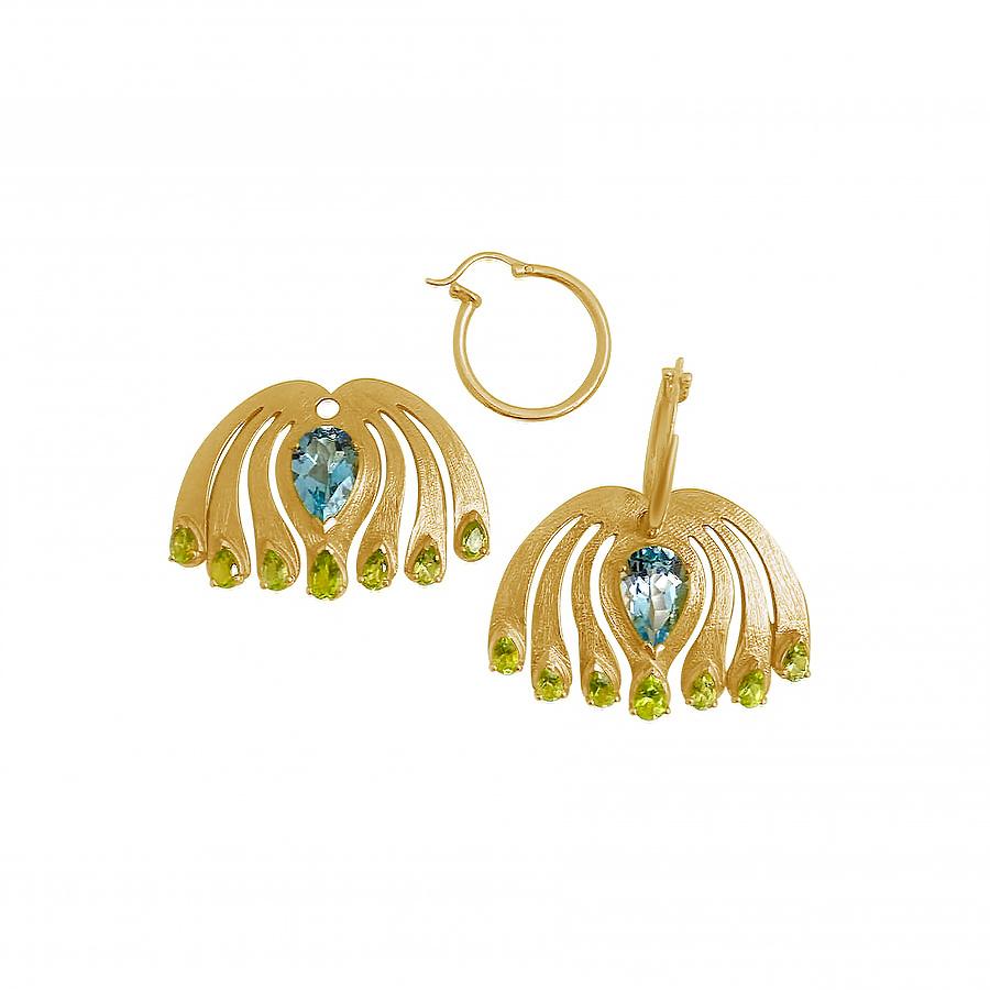 Sky blue topaz and luscious green peridot artistically placed on these earrings uplift this modern peacock design with gorgeous vibrancy made to get noticed. Make a bold style statement with incredible confidence. Innovative peacock designs feature