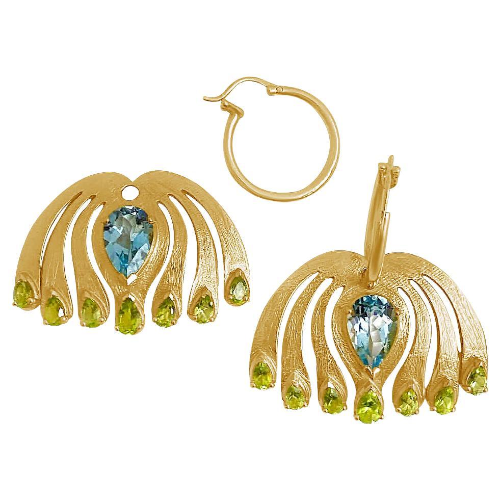 Twin Elegance Blue Topaz Peacock Hoop Earring Set For Sale