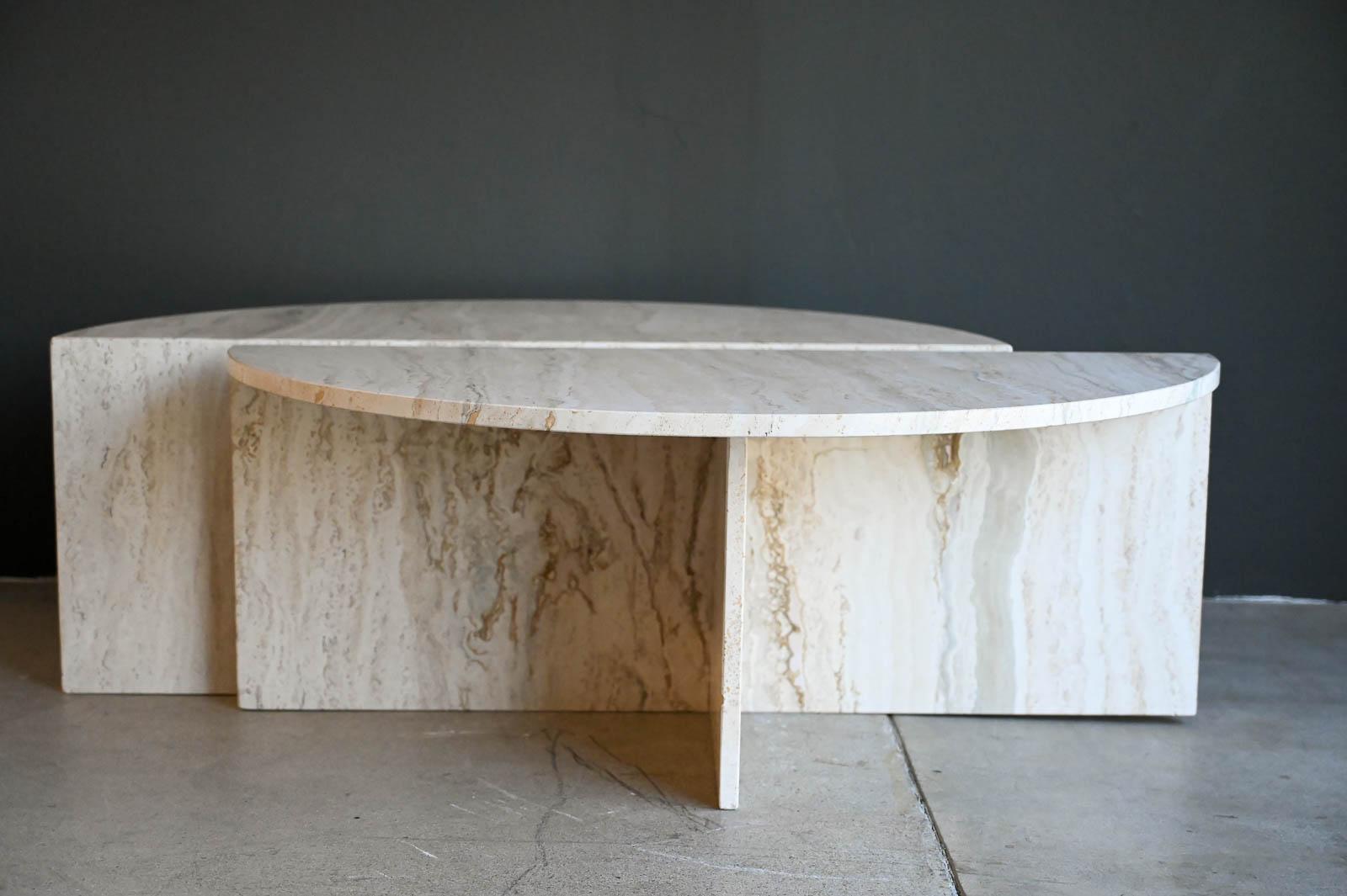 Mid-Century Modern Two Piece Round Travertine Coffee Table Set by Up & Up, ca. 1970