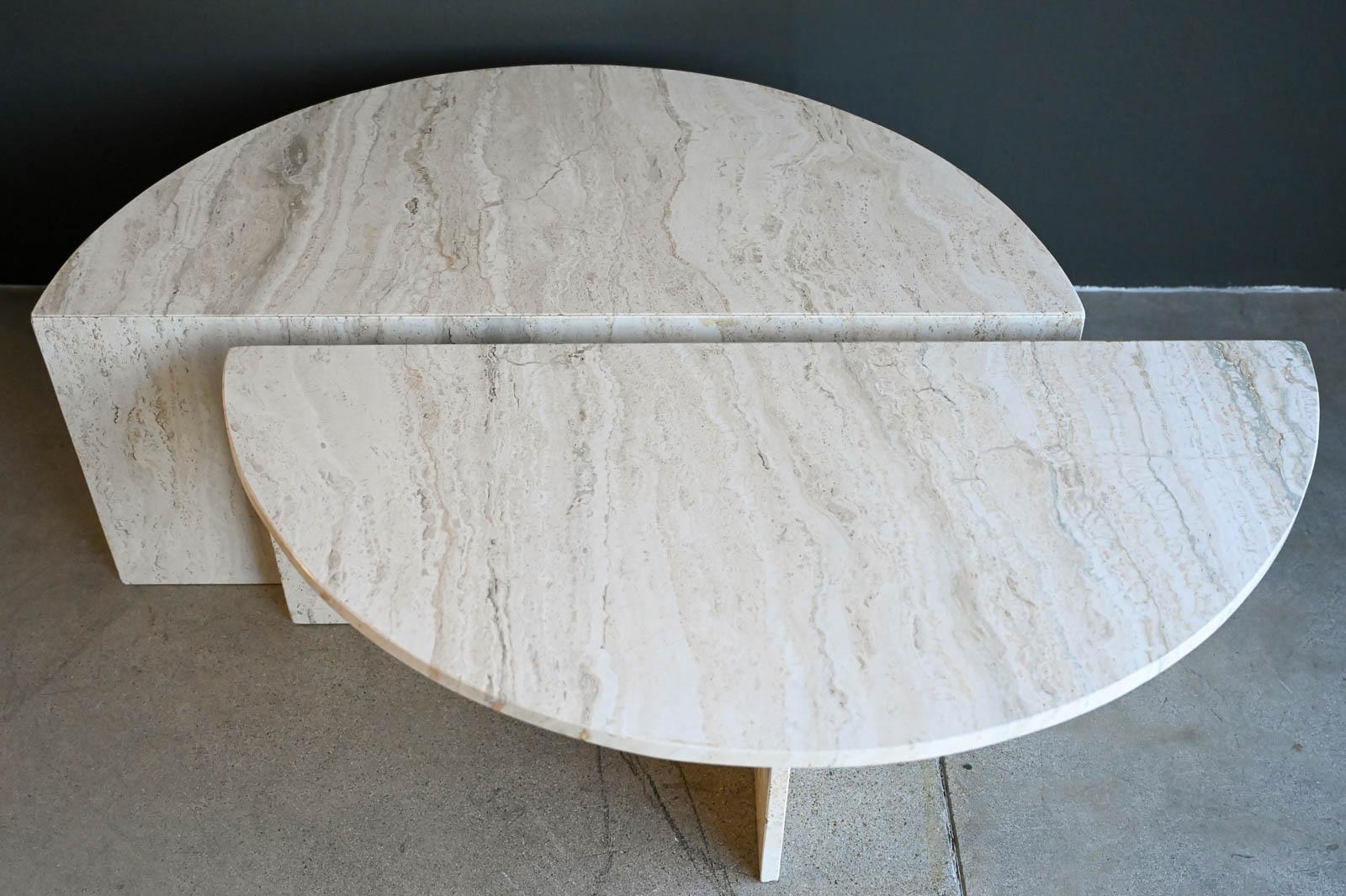 Italian Two Piece Round Travertine Coffee Table Set by Up & Up, ca. 1970