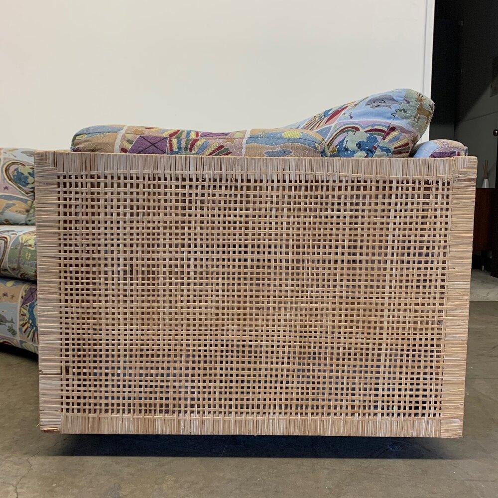 W129.5 D108 H30

SW210 / SW PER 35” (6)

SD19.5 SH16 AH9

Ready for your upholstery! This vintage half circle sofa include restoration to the color finish on cane. Cane is in fair condition with minor wear but presents well. Item has ORIGINAL