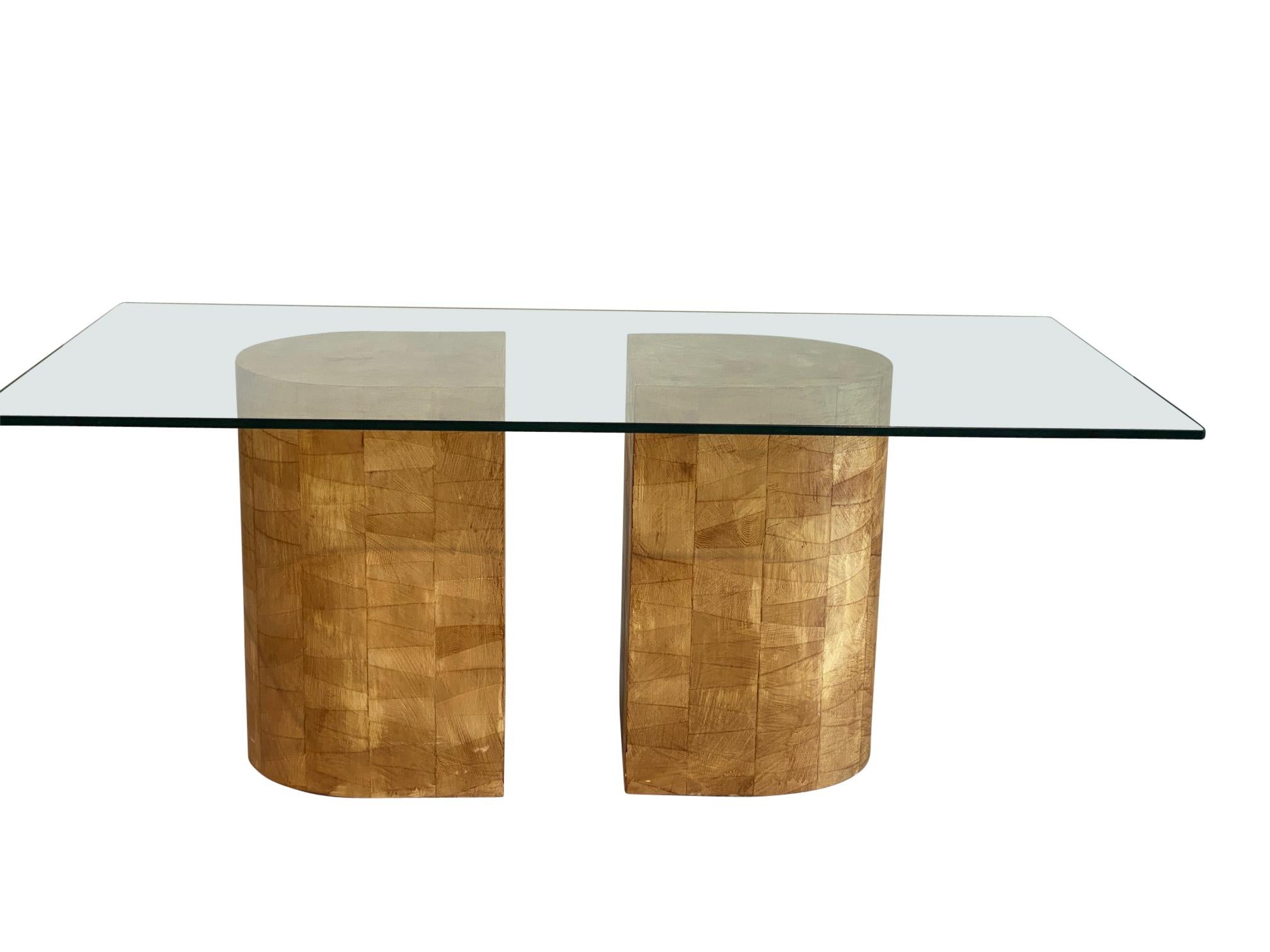 Two-piece solid wooden blocks dining table.