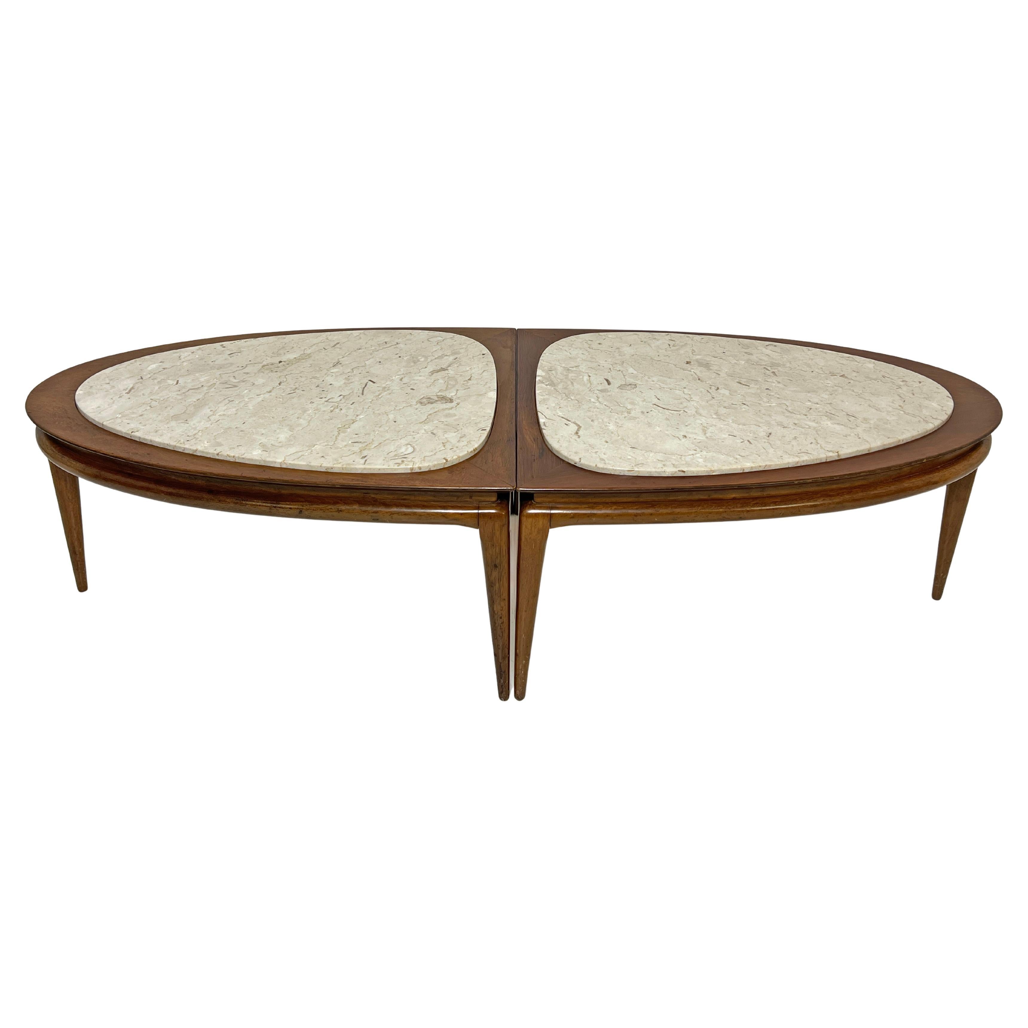 Two Piece Surfboard Coffee Table in Walnet With MarbleTop, Circa 1960s