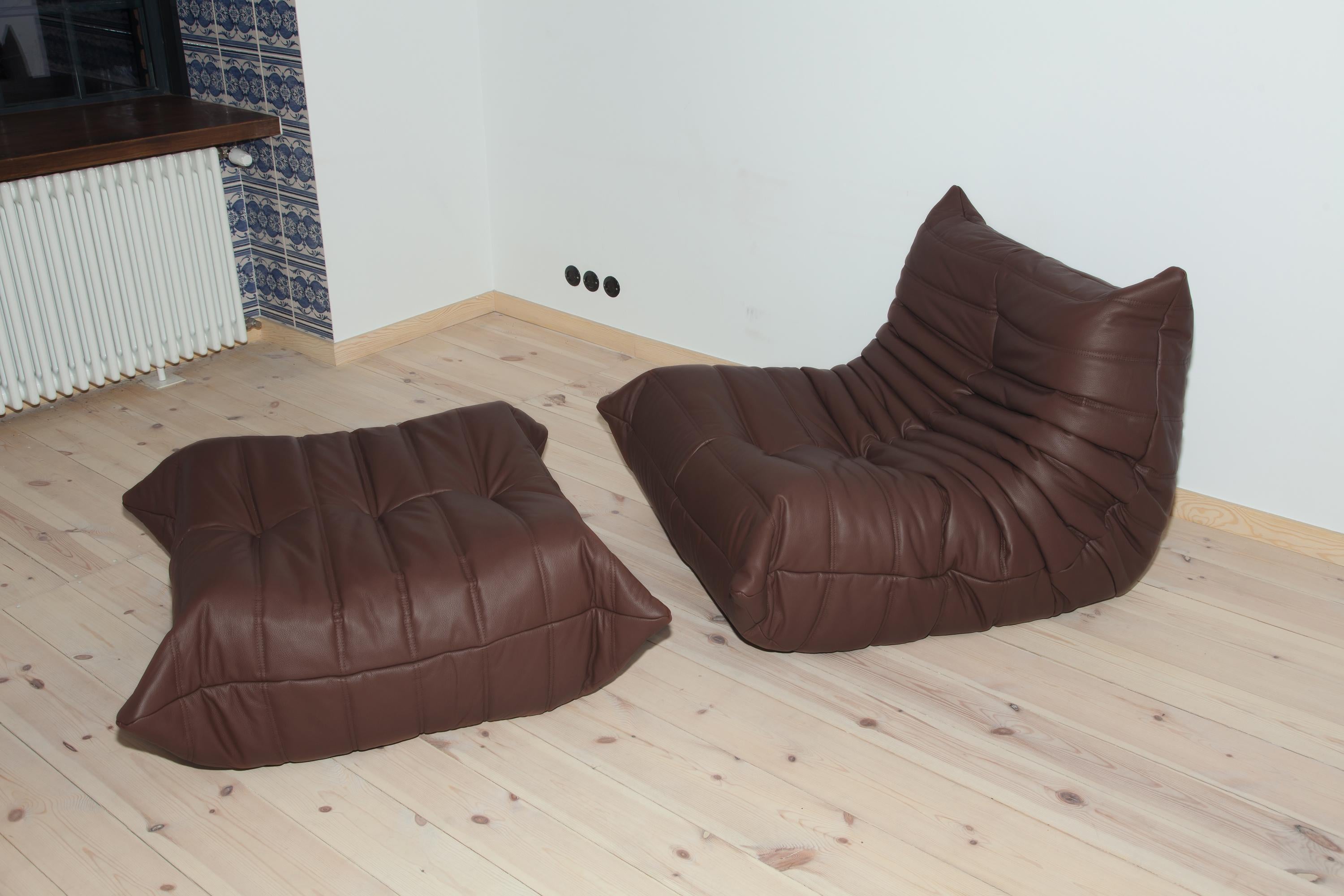 Two-Piece Togo Set by Michel Ducaroy, Ligne Roset, Madras Brown Leather For Sale 3