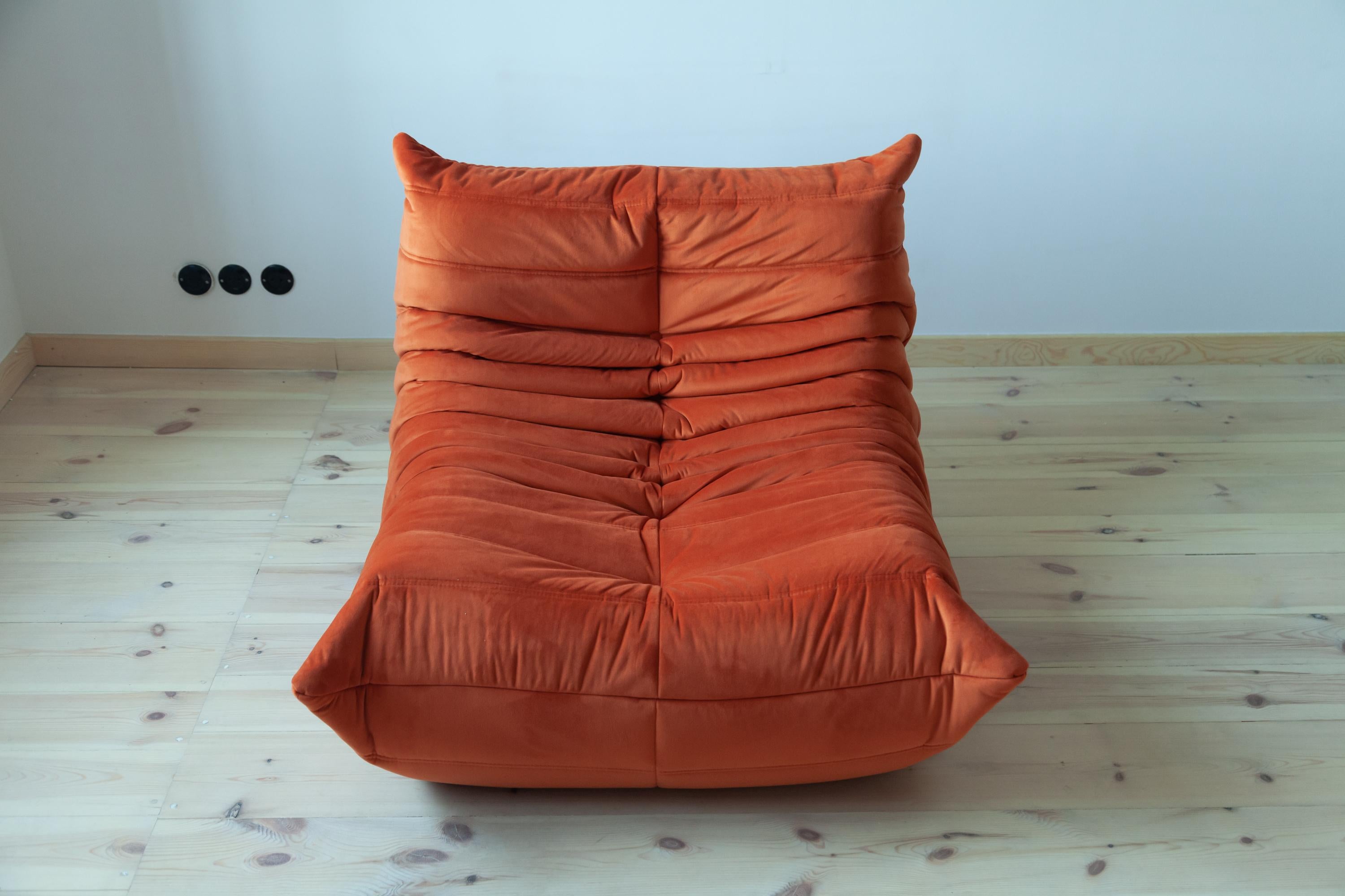 Leather Two-Piece Togo Set by Michel Ducaroy, Ligne Roset. Orange Velvet For Sale