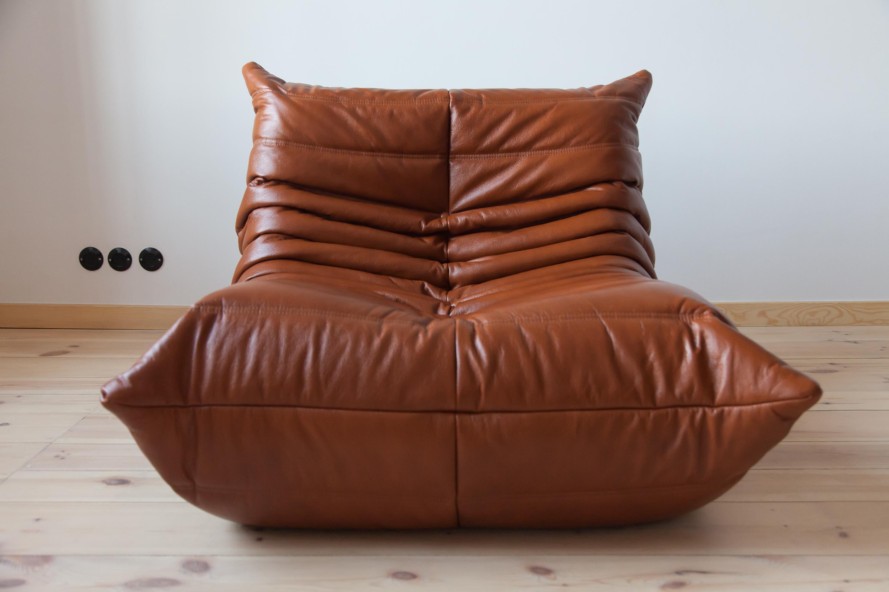 Two-Piece Togo Set by Michel Ducaroy, Ligne Roset, Whiskey Brown Leather In Excellent Condition For Sale In Berlin, DE