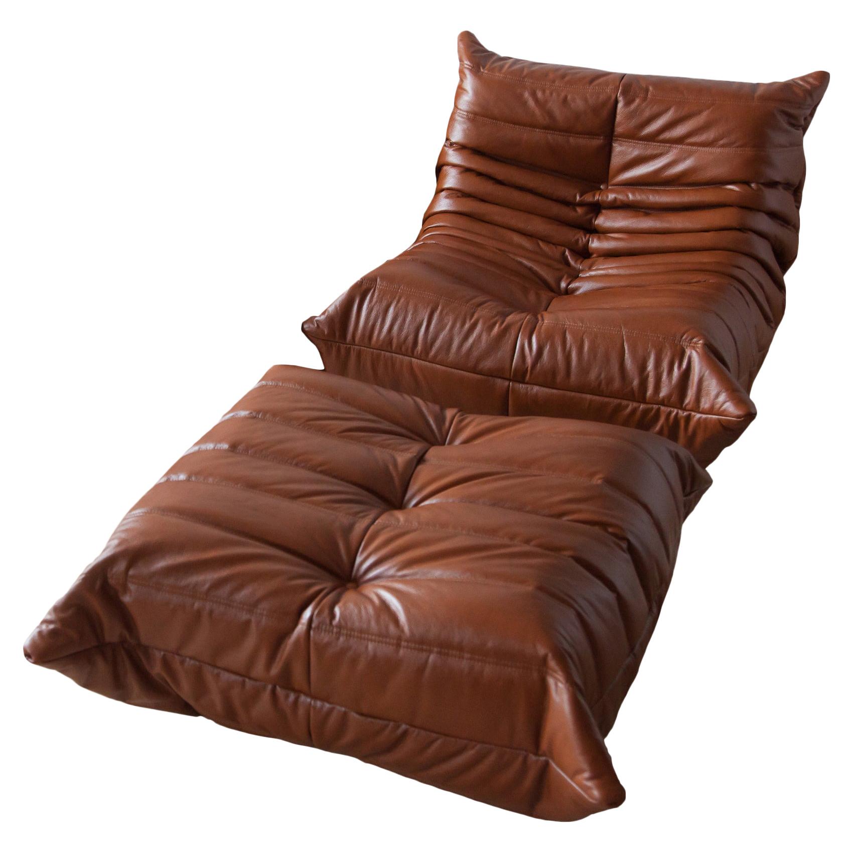 Two-Piece Togo Set by Michel Ducaroy, Ligne Roset, Whiskey Brown Leather For Sale