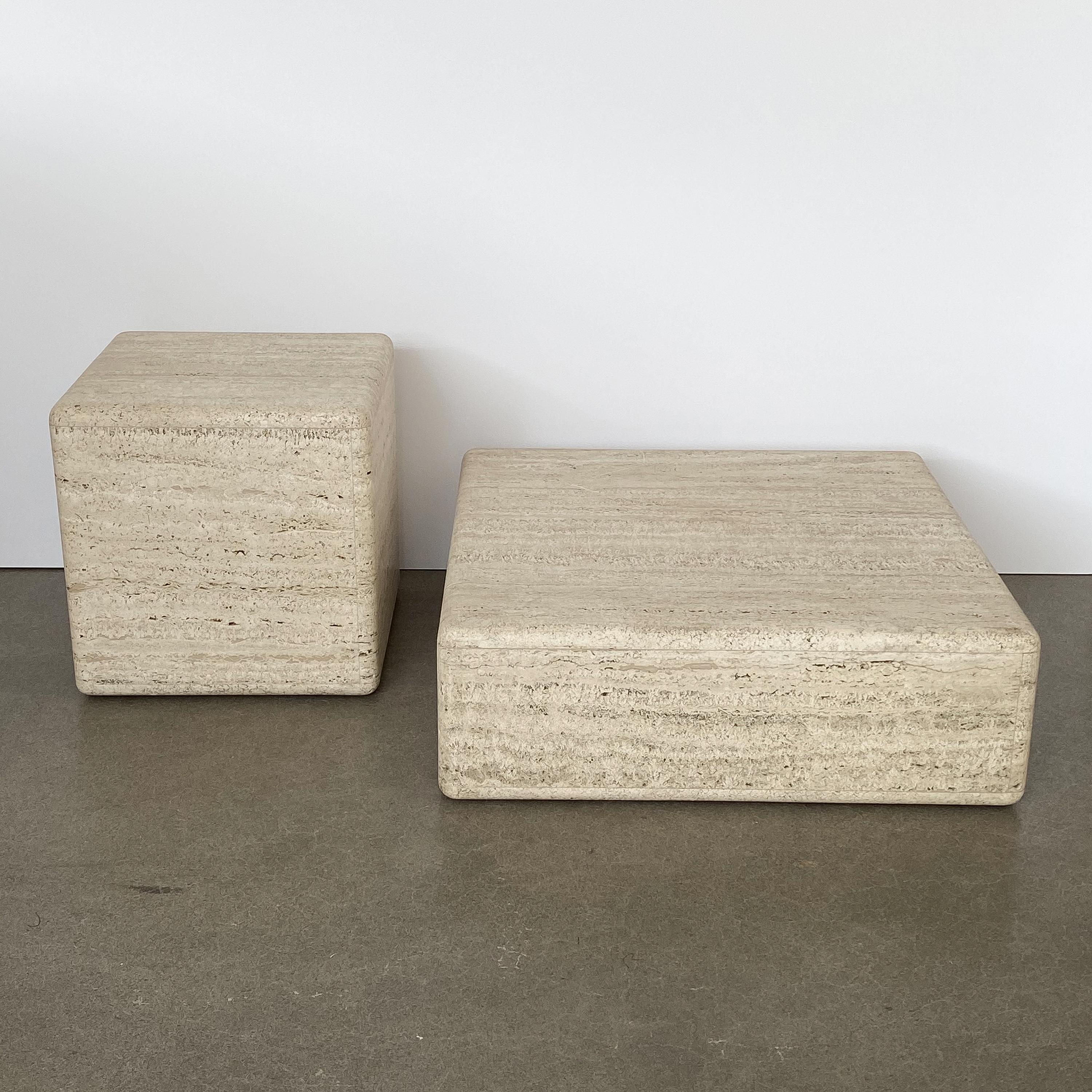 Mid-Century Modern Two-Piece Travertine Cube Tiered Coffee Table