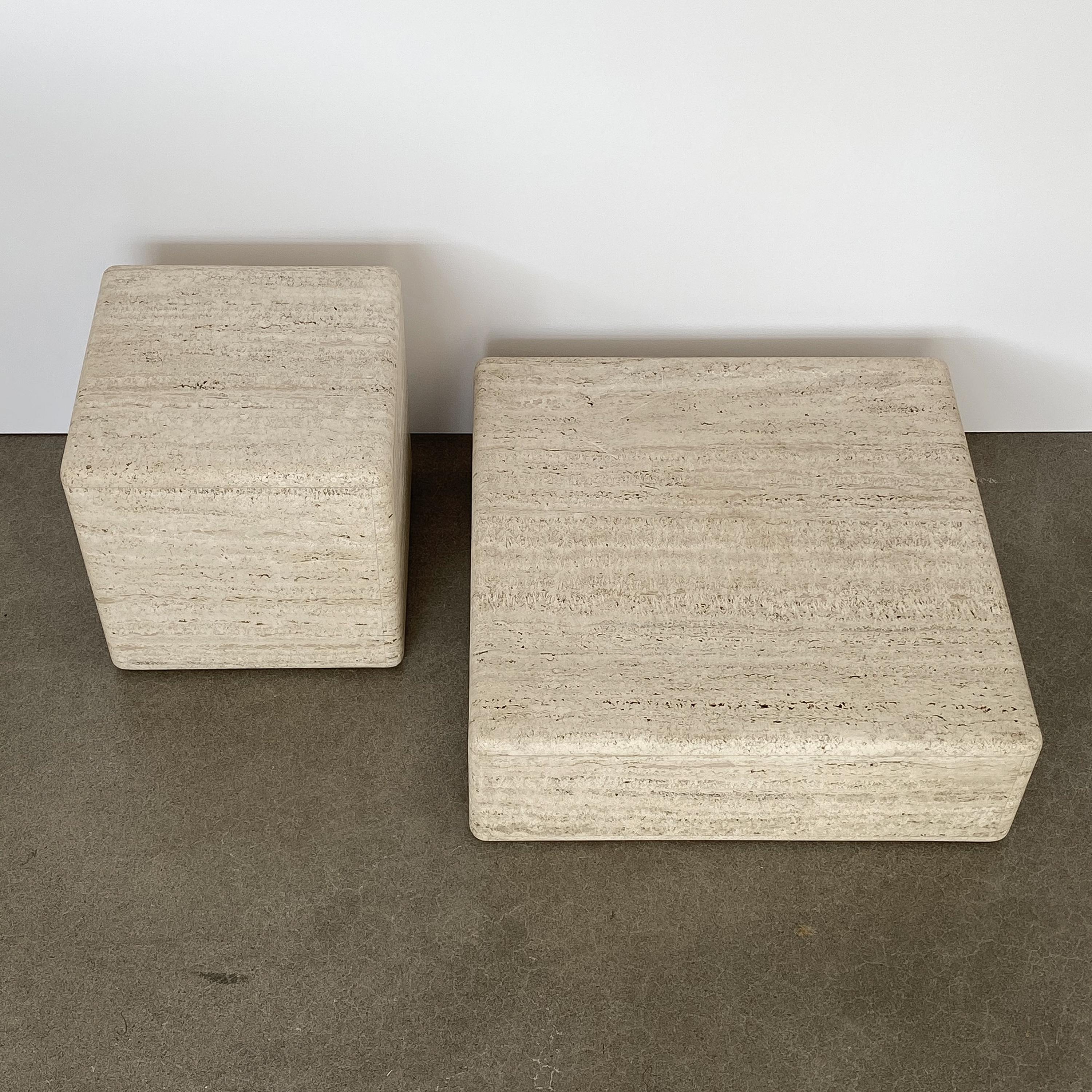 Italian Two-Piece Travertine Cube Tiered Coffee Table