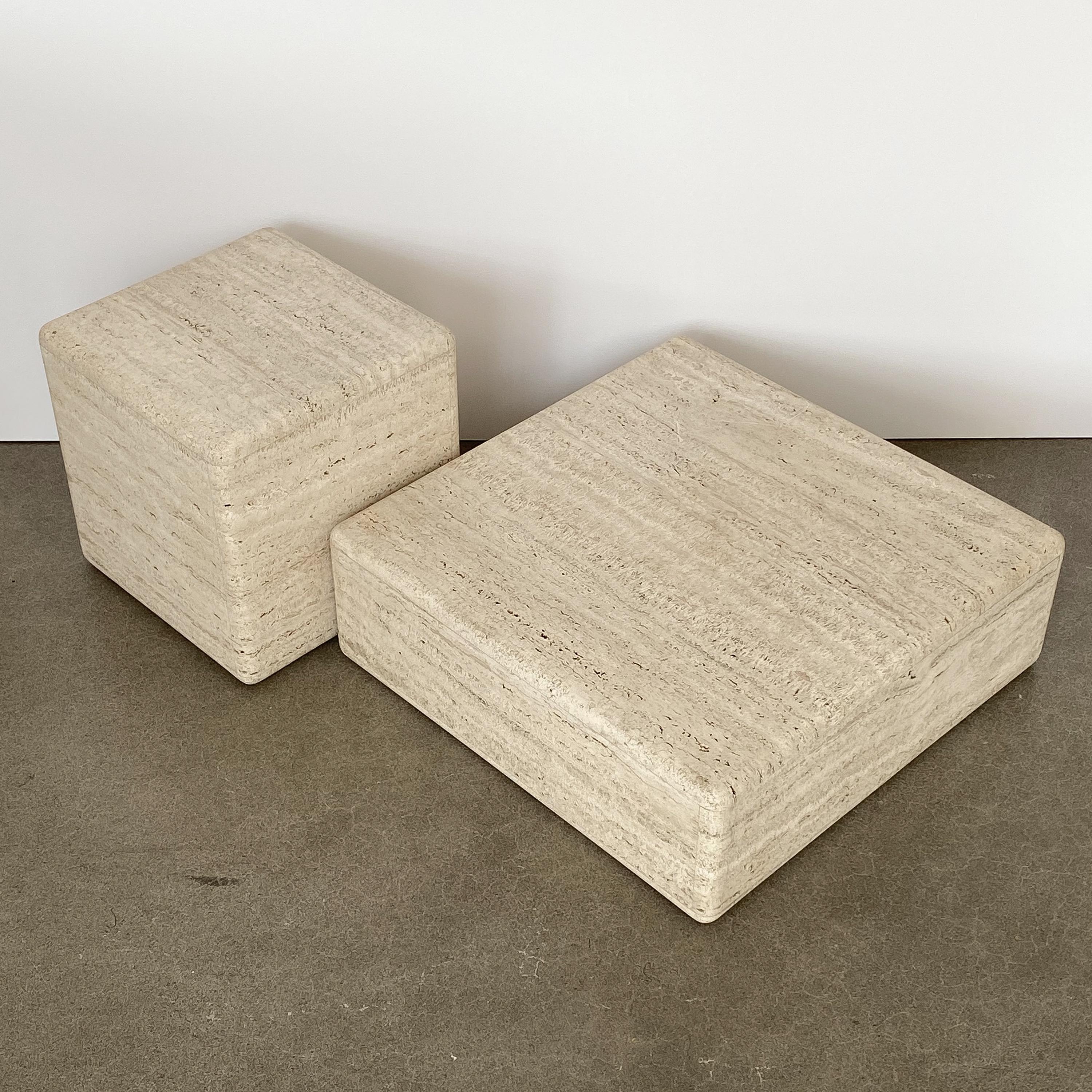 Two-Piece Travertine Cube Tiered Coffee Table In Good Condition In Chicago, IL