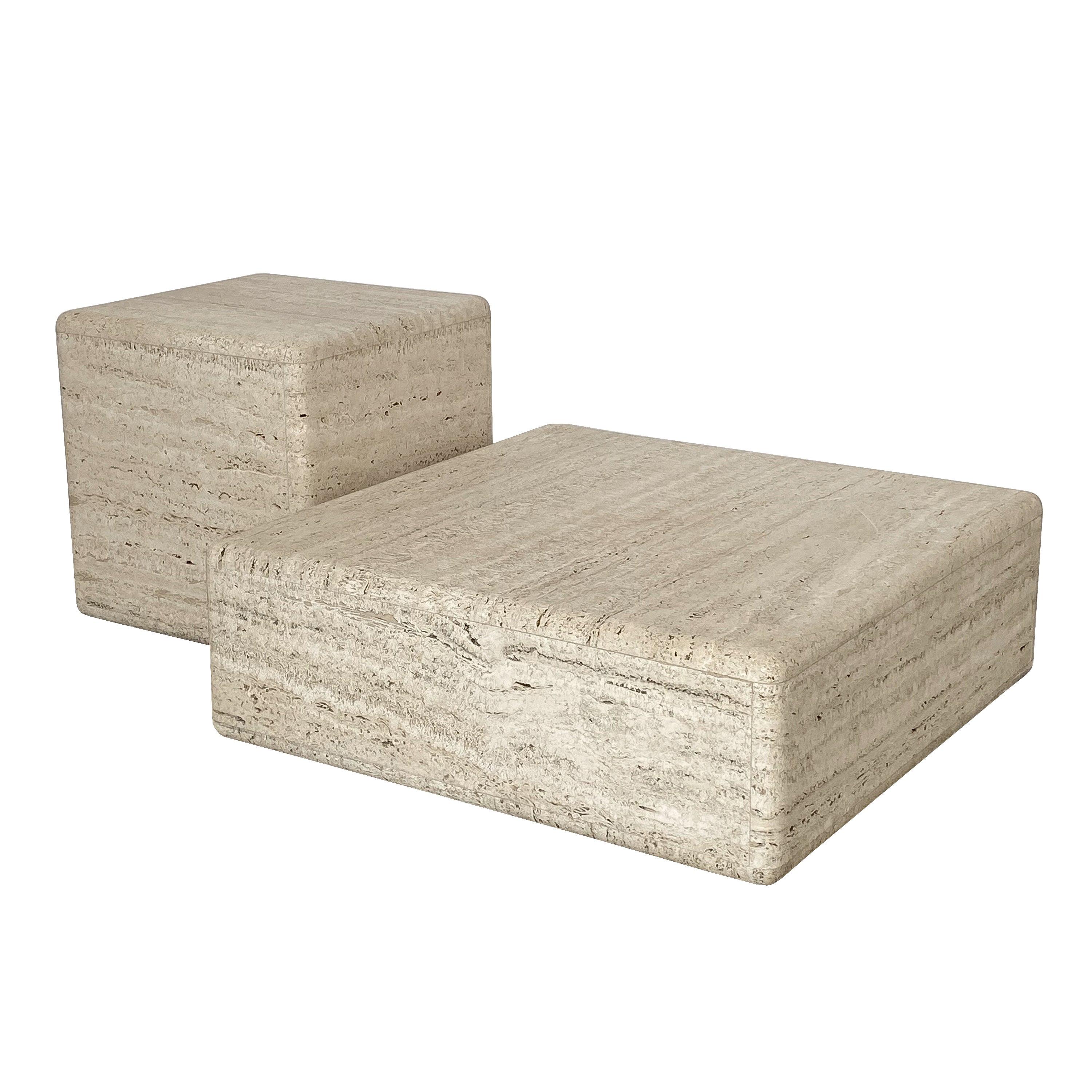 Two-Piece Travertine Cube Tiered Coffee Table