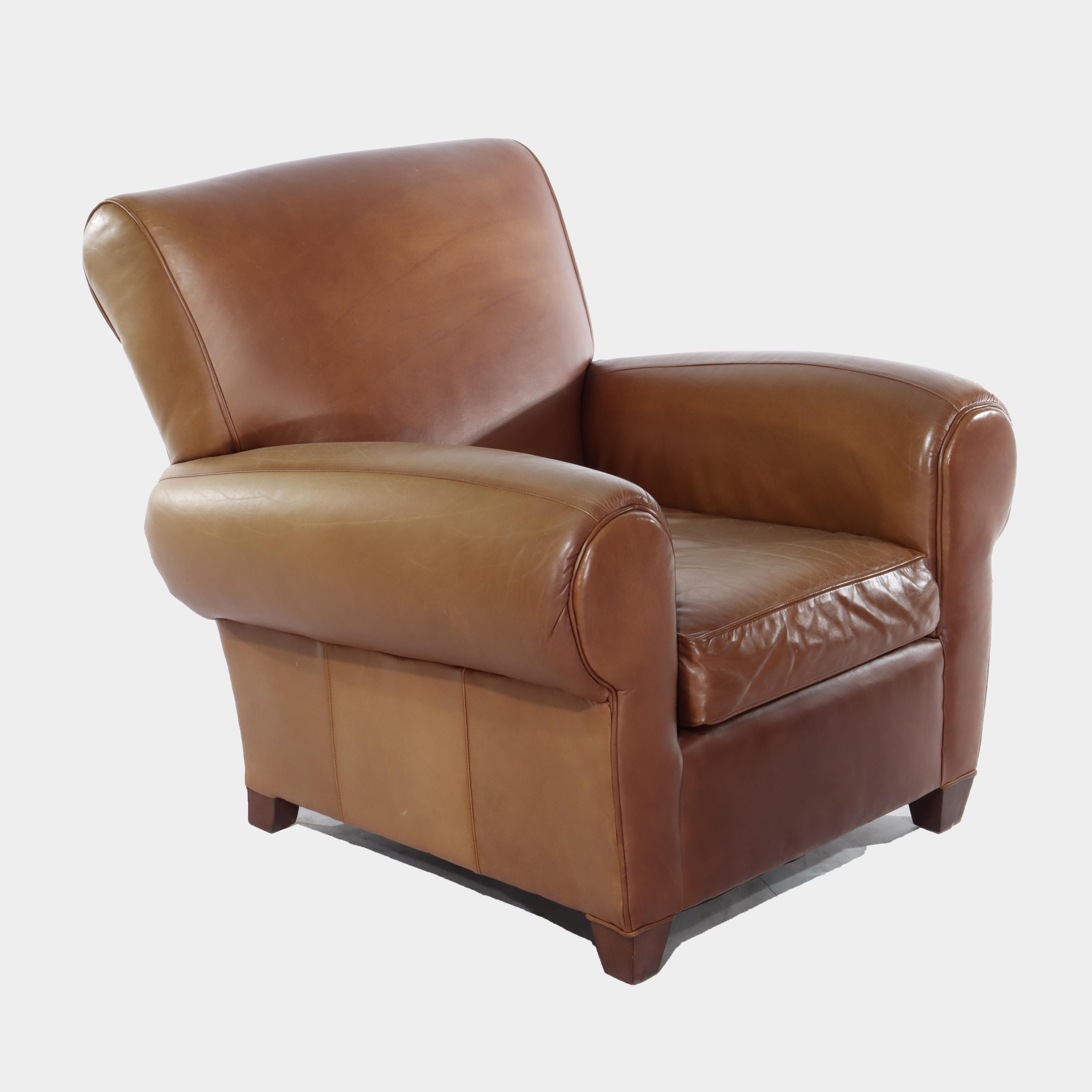 Zweiteiliges Vintage-Clubsessel- und Ottomane-Sessel-Set aus Leder von Pottery Barn, 20. Jahrhundert im Angebot 8