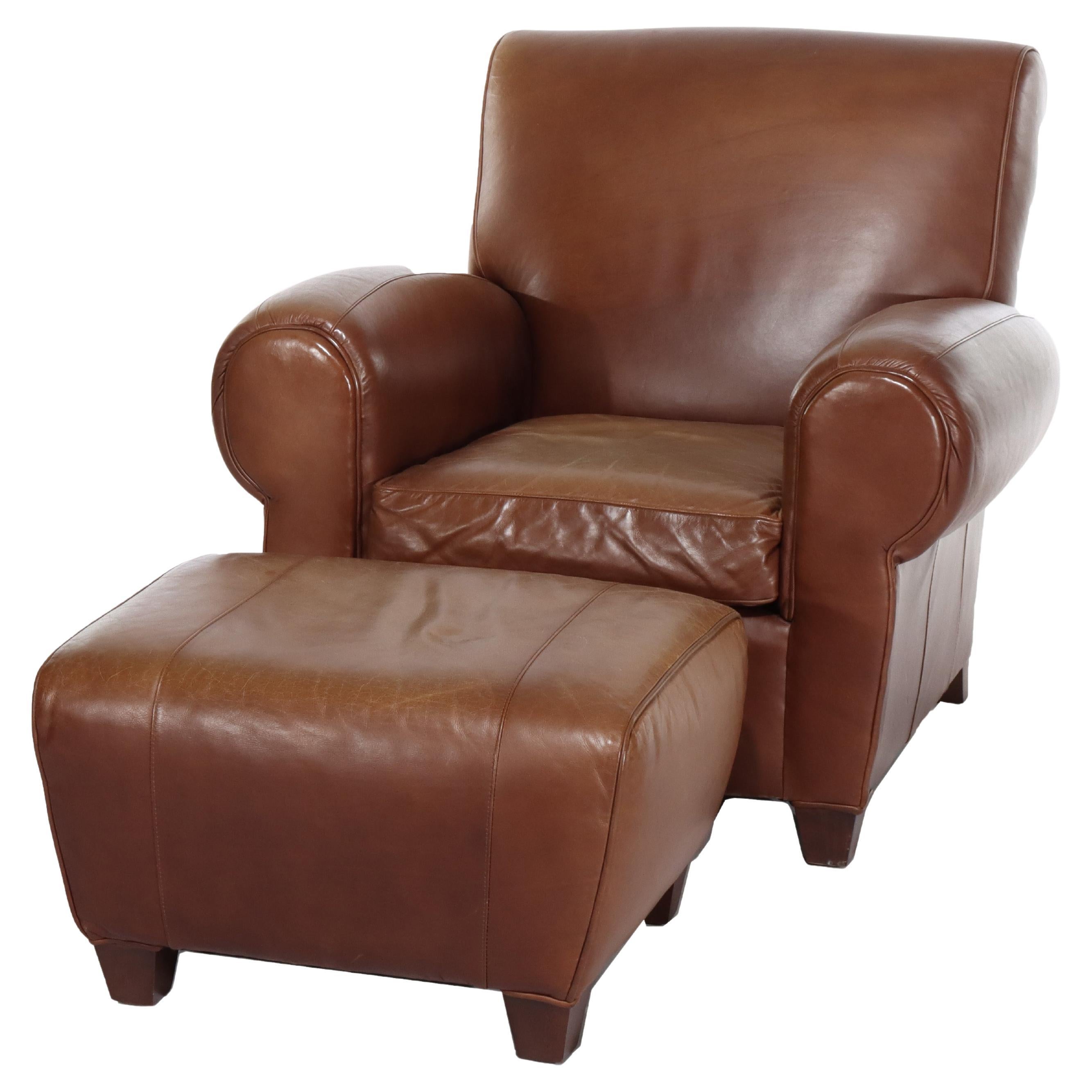 Zweiteiliges Vintage-Clubsessel- und Ottomane-Sessel-Set aus Leder von Pottery Barn, 20. Jahrhundert im Angebot