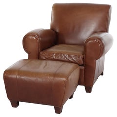 Zweiteiliges Vintage-Clubsessel- und Ottomane-Sessel-Set aus Leder von Pottery Barn, 20. Jahrhundert