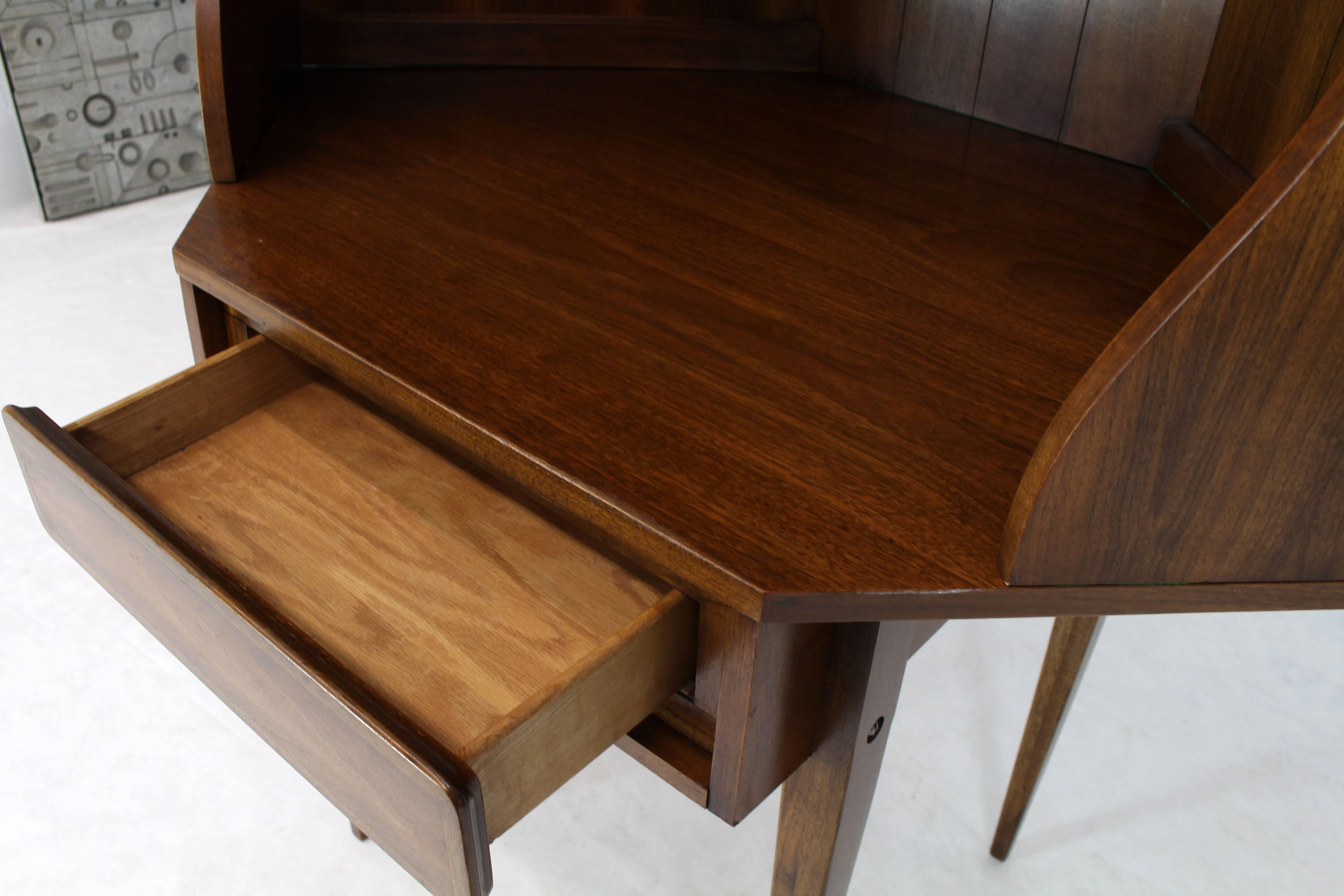 Lacquered Two-Piece Walnut Corner Desk Table Bookcase Hutch For Sale