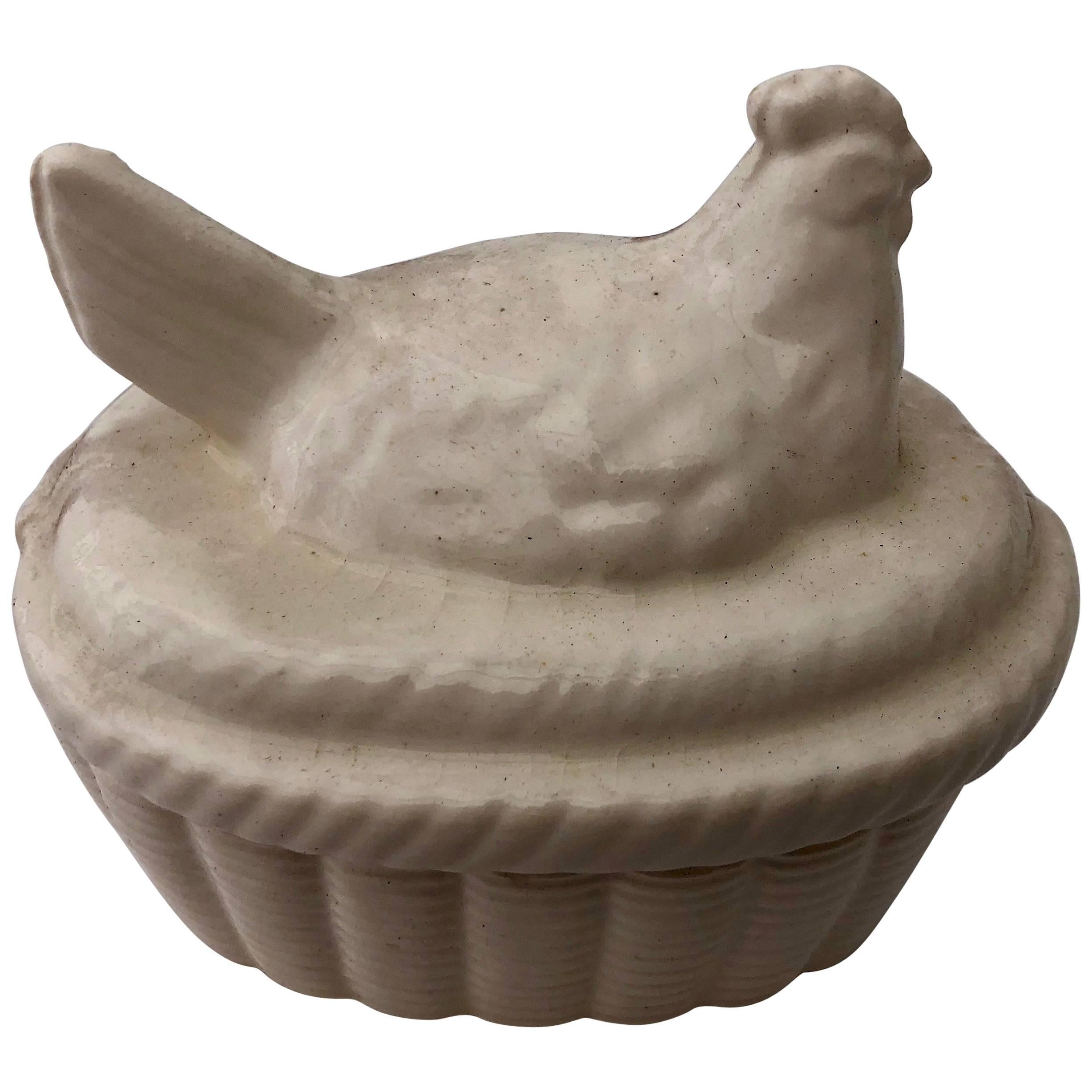 Two-Piece White Ceramic Chicken Covered Box, Japan 1980s In Its Original Box For Sale