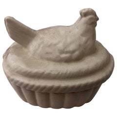 Two-Piece White Ceramic Chicken Covered Box, Japan 1980s in its Original Box