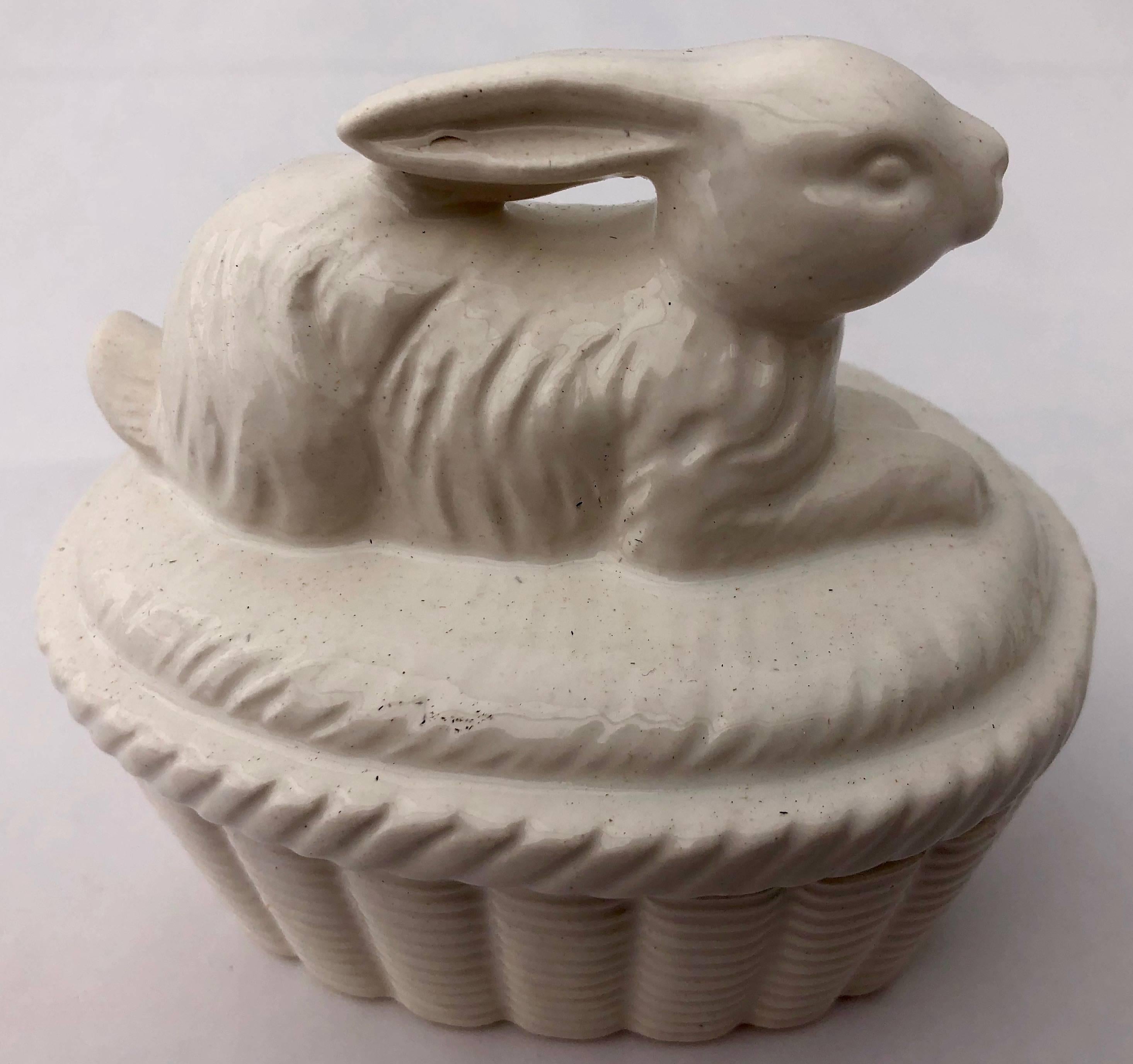 Japanese Two-Piece White Ceramic Rabbit Covered Box, Japan 1980s in it's Original Box For Sale