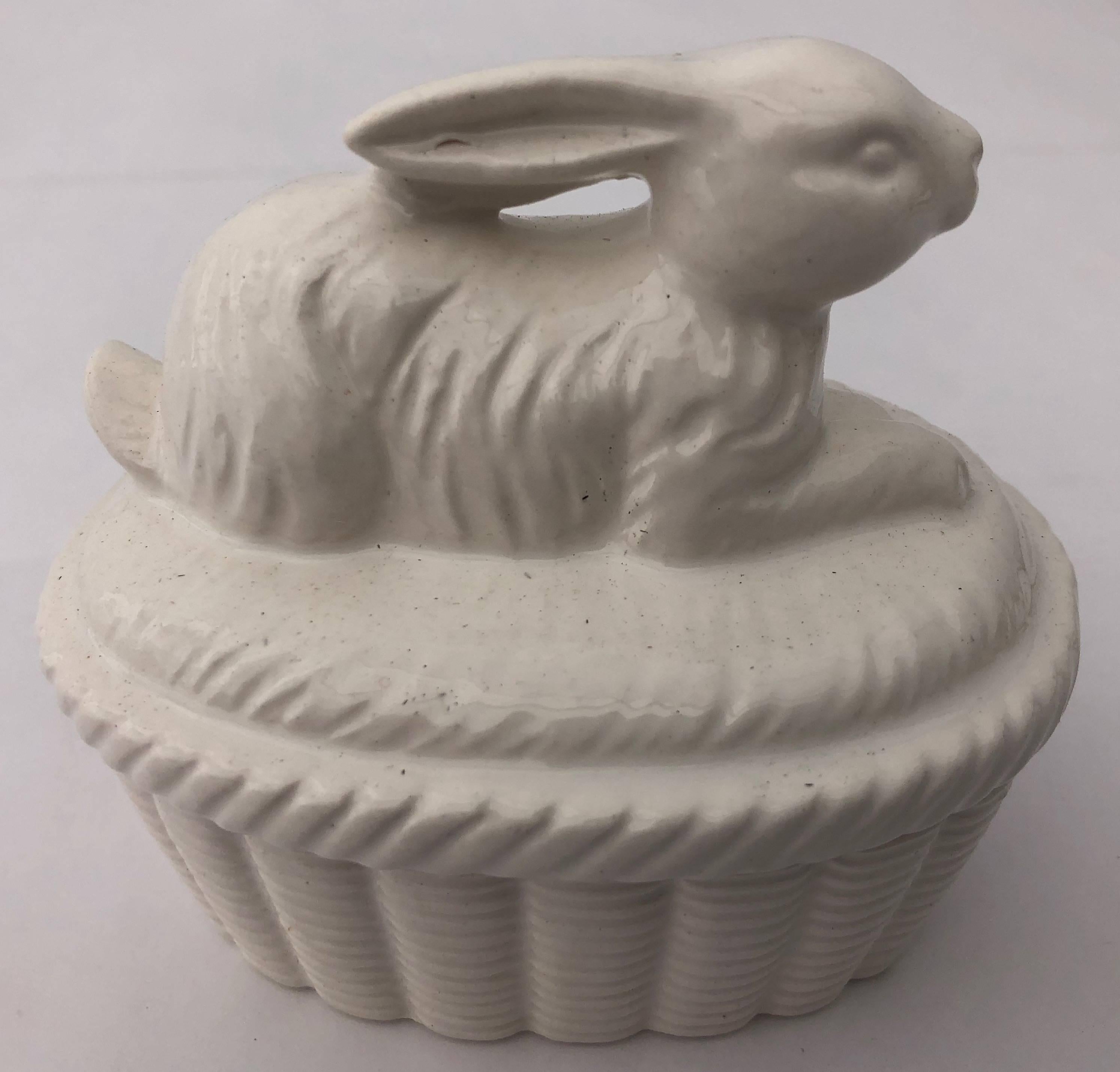 Hand-Crafted Two-Piece White Ceramic Rabbit Covered Box, Japan 1980s in it's Original Box For Sale