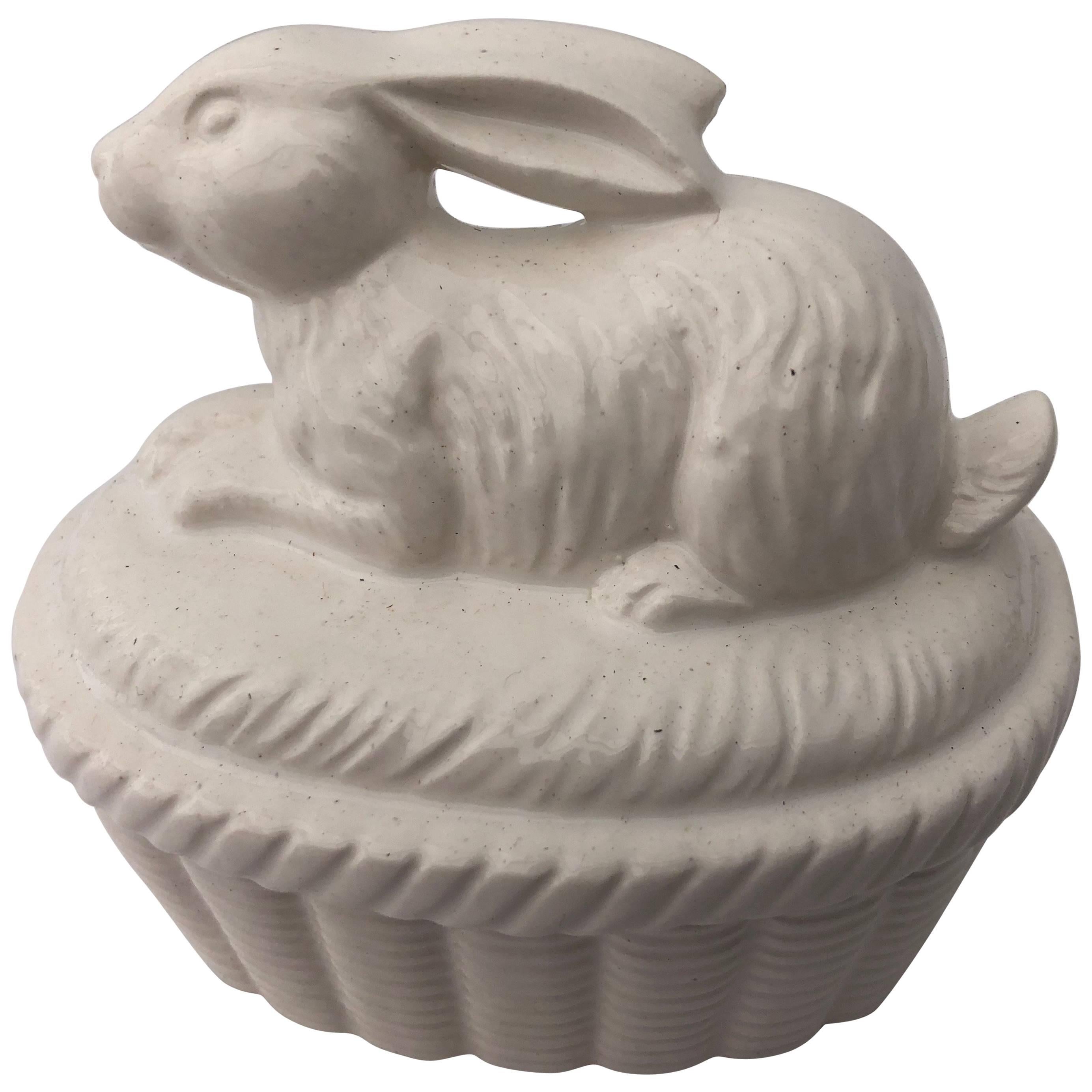 Two-Piece White Ceramic Rabbit Covered Box, Japan 1980s in it's Original Box For Sale