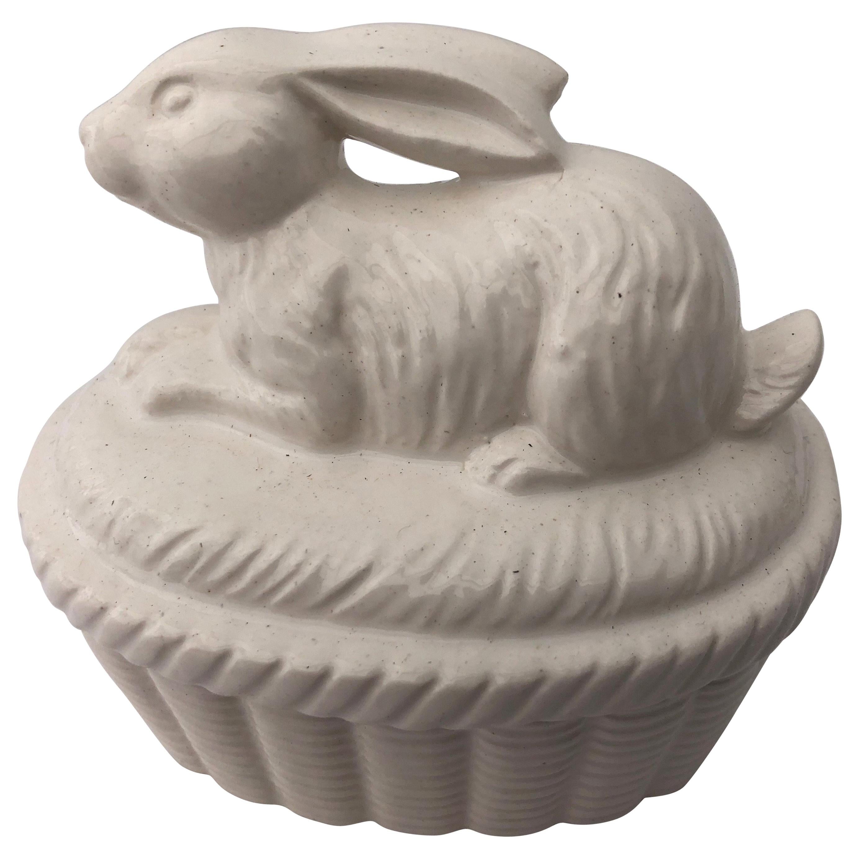 Two-Piece White Ceramic Rabbit Covered Box, Japan 1980s in it's Original Box For Sale