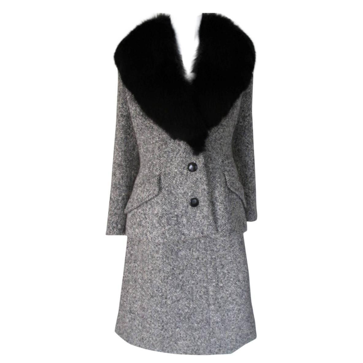 Two piece Wool Tweed Suit with Black Fox Fur Collar
