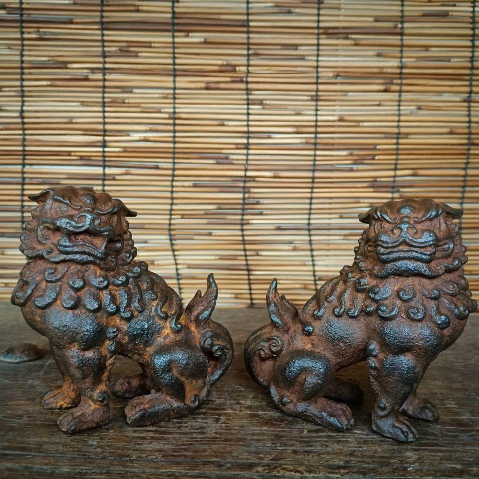 19th Century Two Pieces Matching Asian Antique Iron Lions Statues For Sale