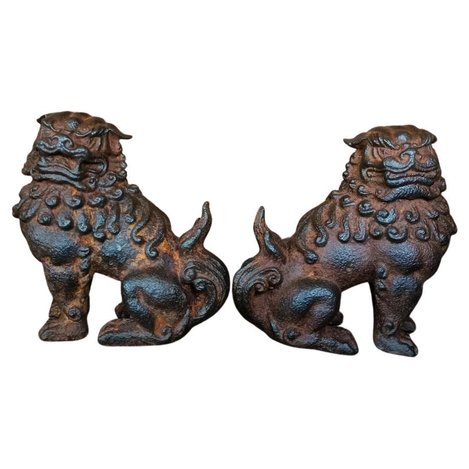Two Pieces Matching Asian Antique Iron Lions Statues For Sale