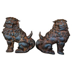 Two Pieces Matching Asian Antique Iron Lions Statues