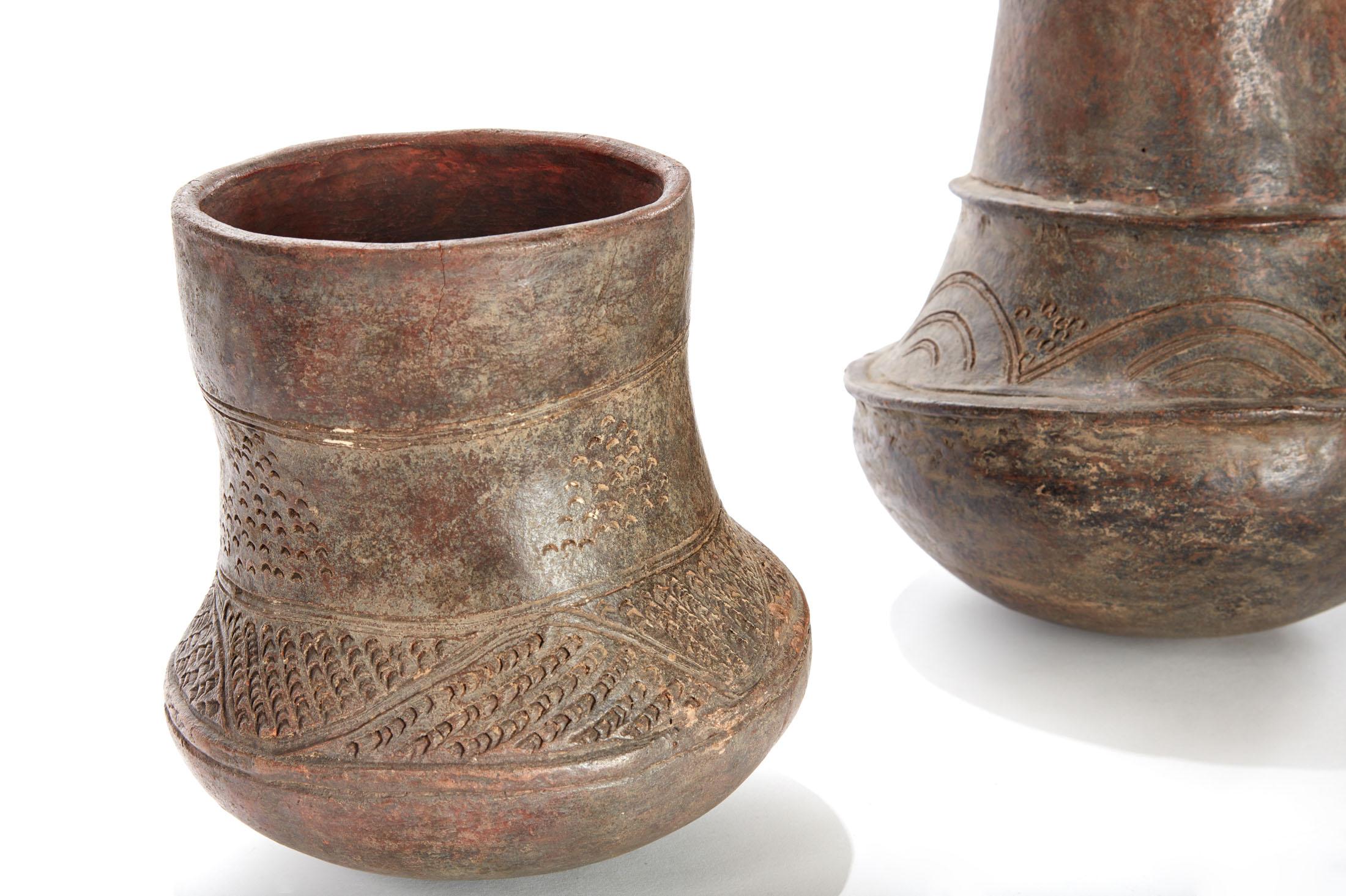 Two Pieces of a Pair of Early 20th Century Etched African Vessels from Mali In Good Condition In Chicago, IL