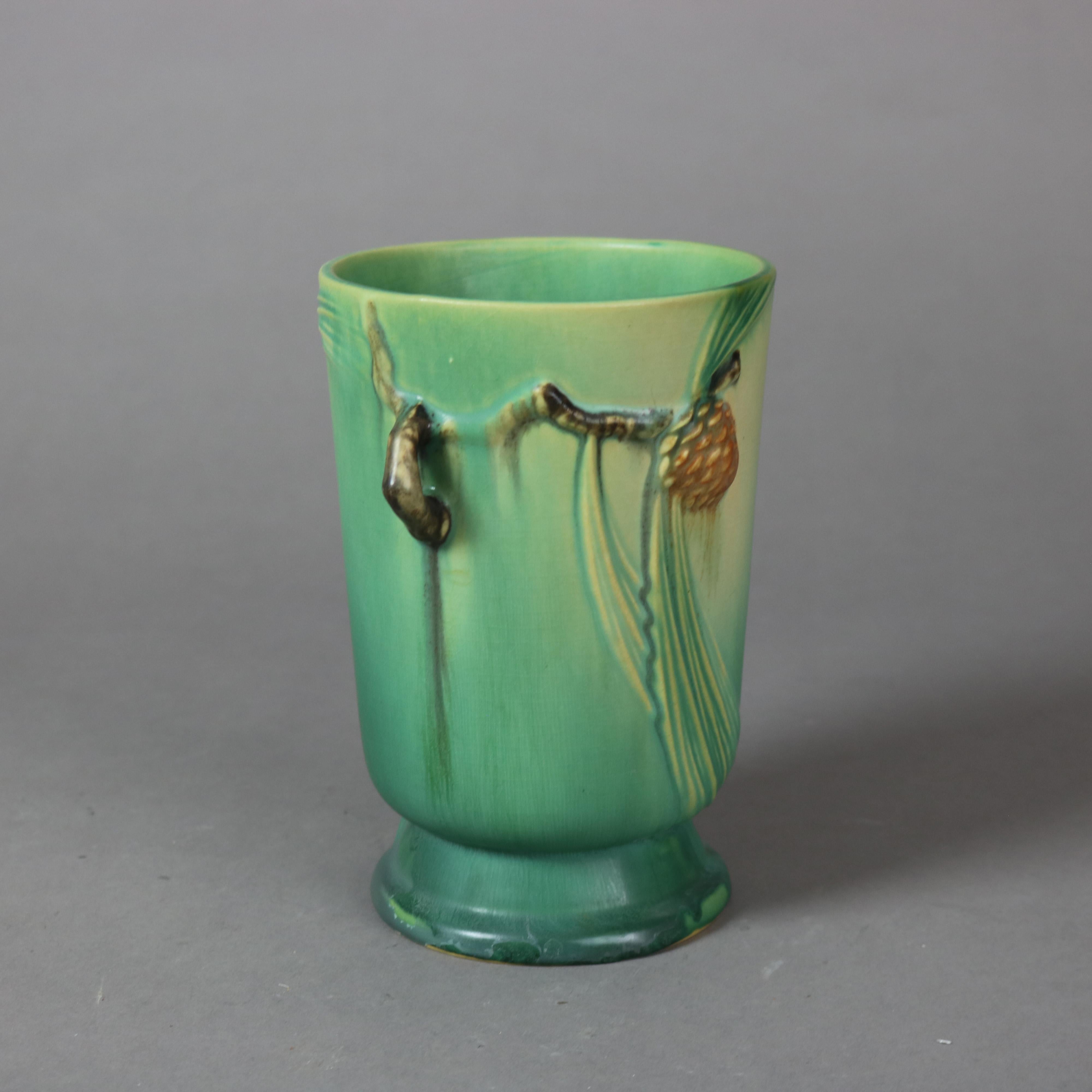 Two Pieces of Green Roseville Art Pottery with Pinecone Pattern Mid 20thC In Good Condition In Big Flats, NY