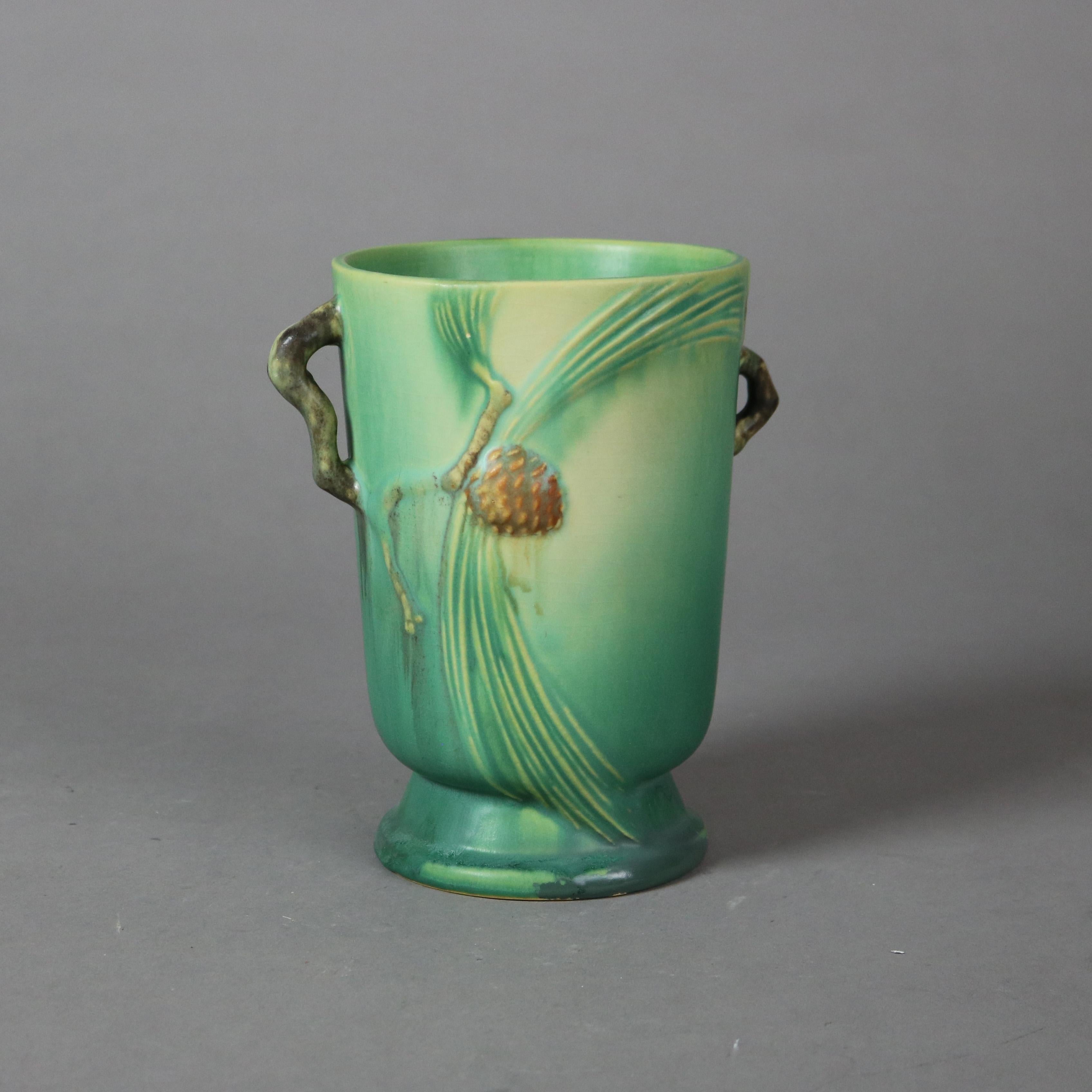 20th Century Two Pieces of Green Roseville Art Pottery with Pinecone Pattern Mid 20thC