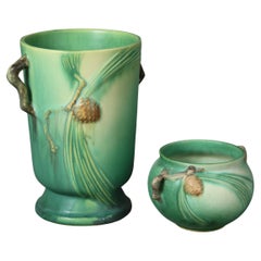 Two Pieces of Green Roseville Art Pottery with Pinecone Pattern Mid 20thC