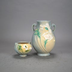Two Pieces of Soft Blue Roseville Art Pottery in Poppy Pattern Mid 20th