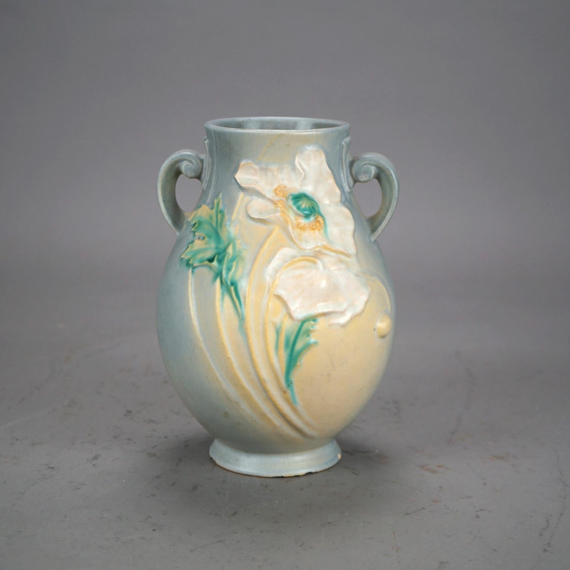 20th Century Two Pieces of Soft Blue Roseville Art Pottery in Poppy Pattern Mid 20th