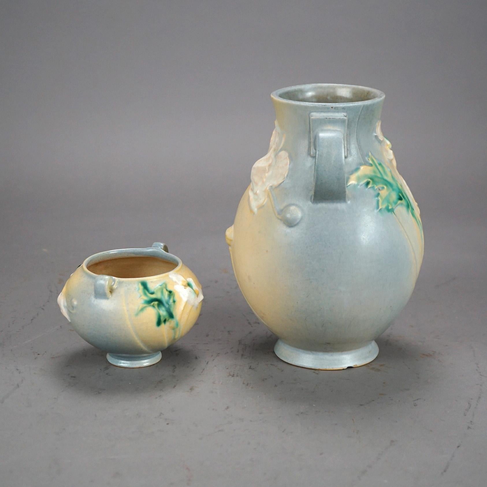 Two Pieces of Soft Blue Roseville Art Pottery in Poppy Pattern Mid 20th 3