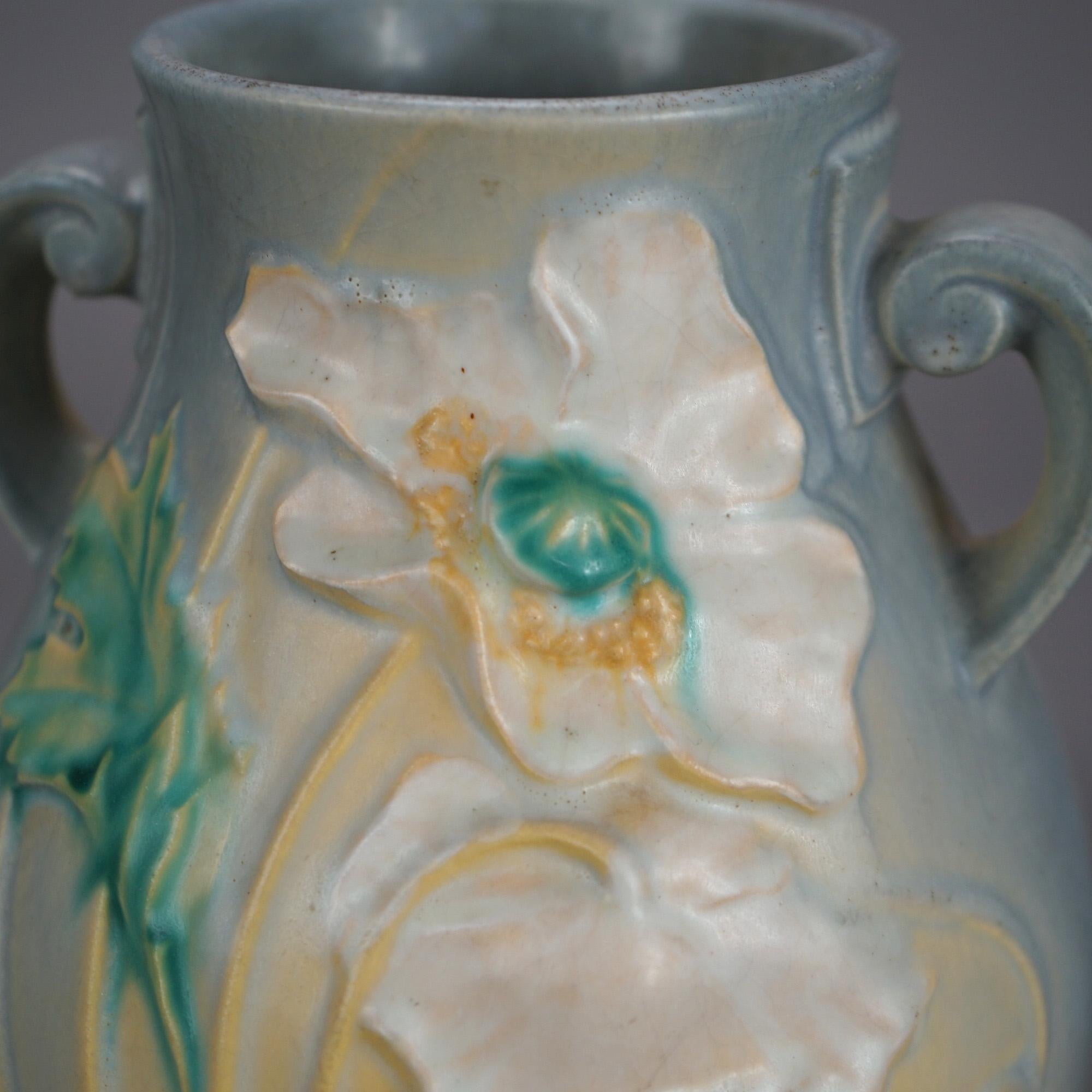 Two Pieces of Soft Blue Roseville Art Pottery in Poppy Pattern Mid 20th 5