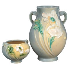 Two Pieces of Soft Blue Roseville Art Pottery in Poppy Pattern Mid 20th