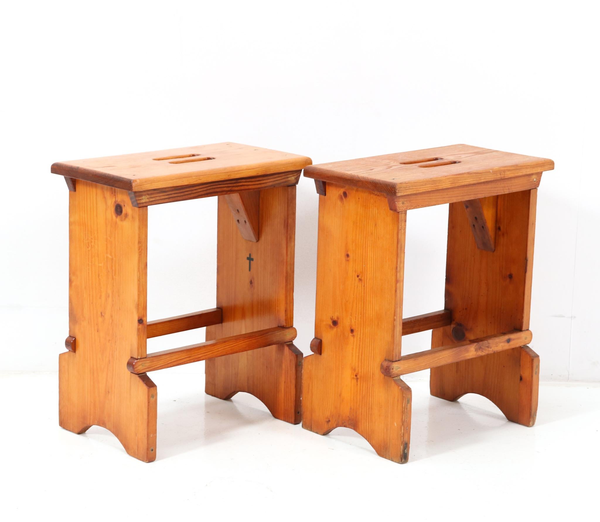 Amazing pair of Mid-Century Modern Monastery stools.
Striking Dutch design from the 1960s.
Solid pine frames and tops and they were designed for a Dutch Monastery in the South of the Netherlands.
This wonderful pair of Mid-Century Modern Monastery