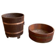 Deux seaux à plantes anciens en chêne et laiton de R A Lister Ltd & Edwardian Che