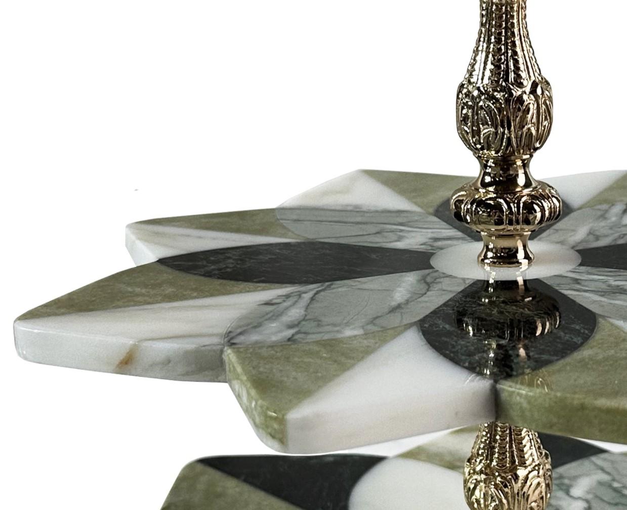 Two Plate Marble Inlay Cakestand by Euromarmi Store
Dimensions: D 33 x W 33 x H 32 cm
Materials: Green Rajastan, Verde Ming, Estremoz, Verde Antigua, 24K Gold-Plated.

Founded by Angela Stiuso, Euromarmi Store was born from the experience and